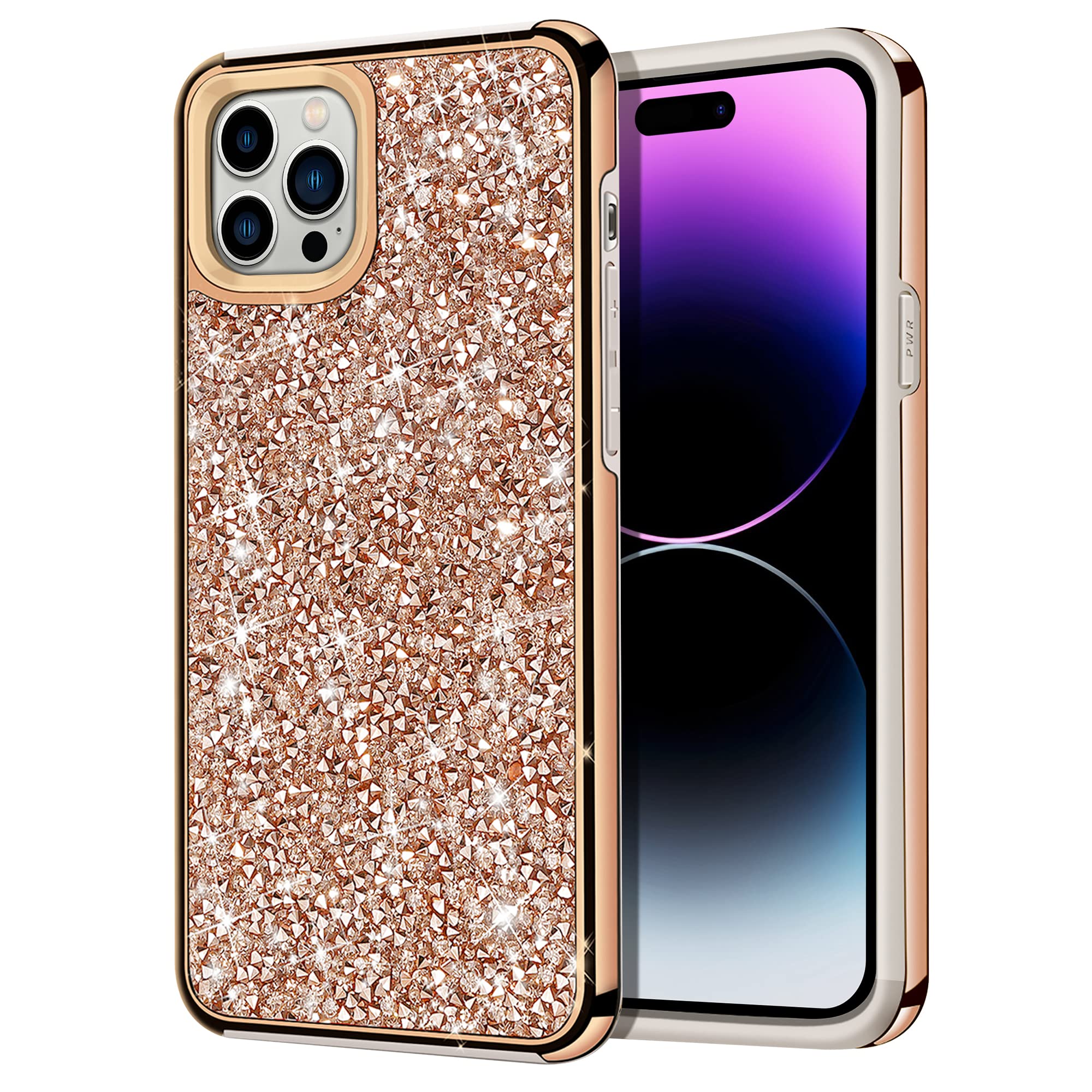 HoneyAKE for iPhone 14 Pro Glitter Case Bling Rhinestone Diamond Phone Cases for Women Girls Shockproof Dual Layer Bumper Anti-Slip Protective Cover Compatible with iPhone 14 Pro 6.1 inch Rose Gold