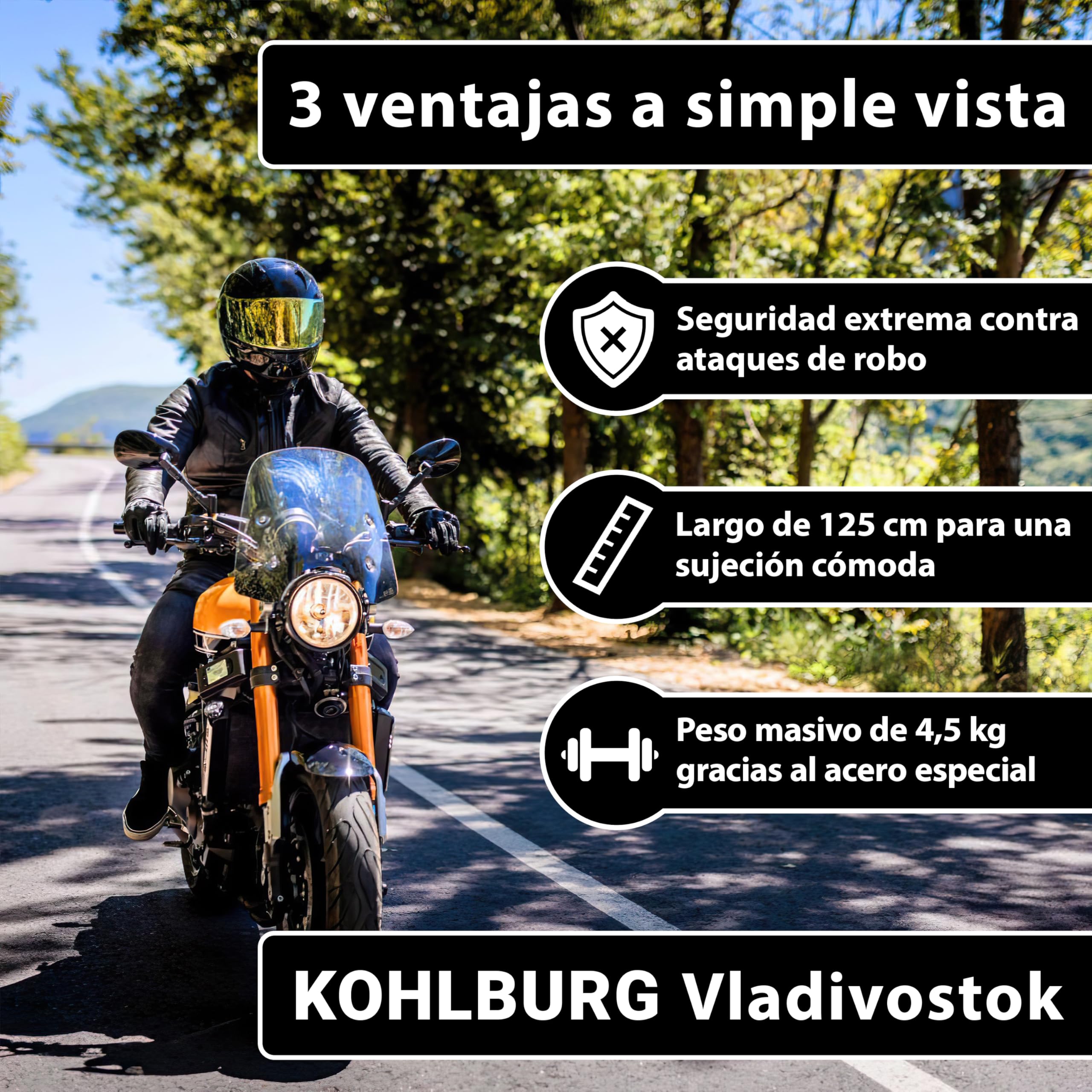 KOHLBURG Antirrobo de cadena maciza 125 cm [Resistente a cortapernos] Nivel de seguridad máximo 15 – Para moto scooter bicicleta eléctrica patinete eléctrico y bicicleta – Alta seguridad para 2 ruedas