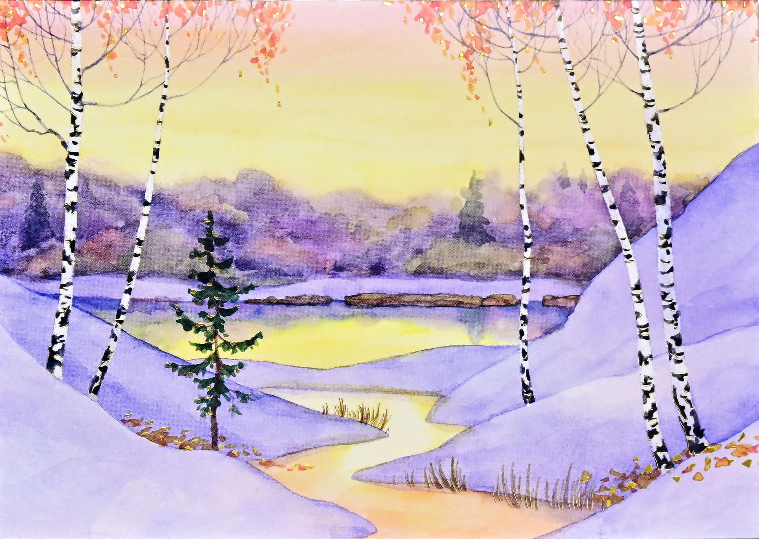 Winter Sunrise Deluxe Boxed Holiday Cards (20 cards, 21 self-sealing envelopes), White, Gold, 7 x 5 inch