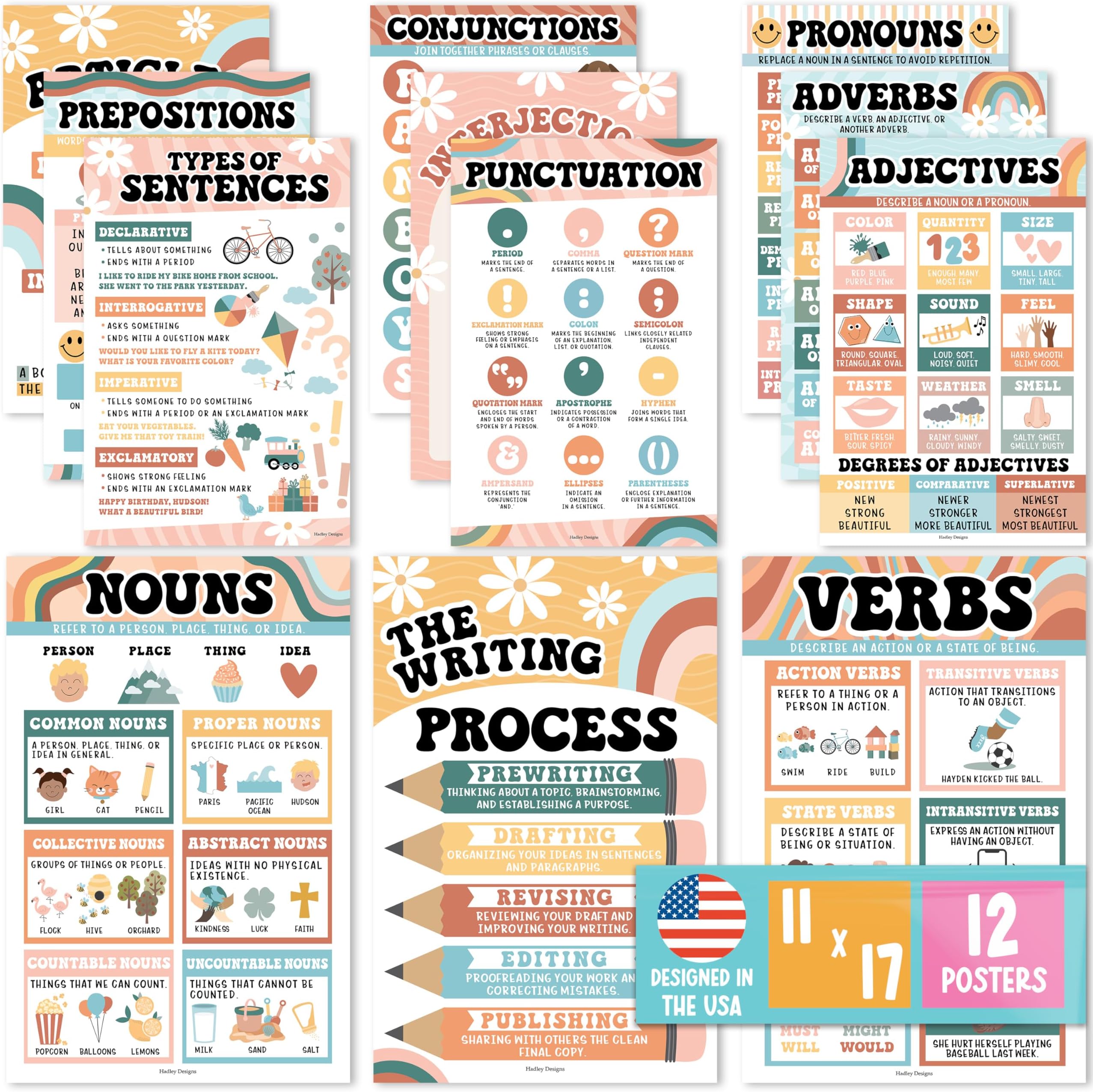 Hadley Designs 12 Grammar Posters For Classroom - Parts Of Speech, Language Arts, Retro Class Decor