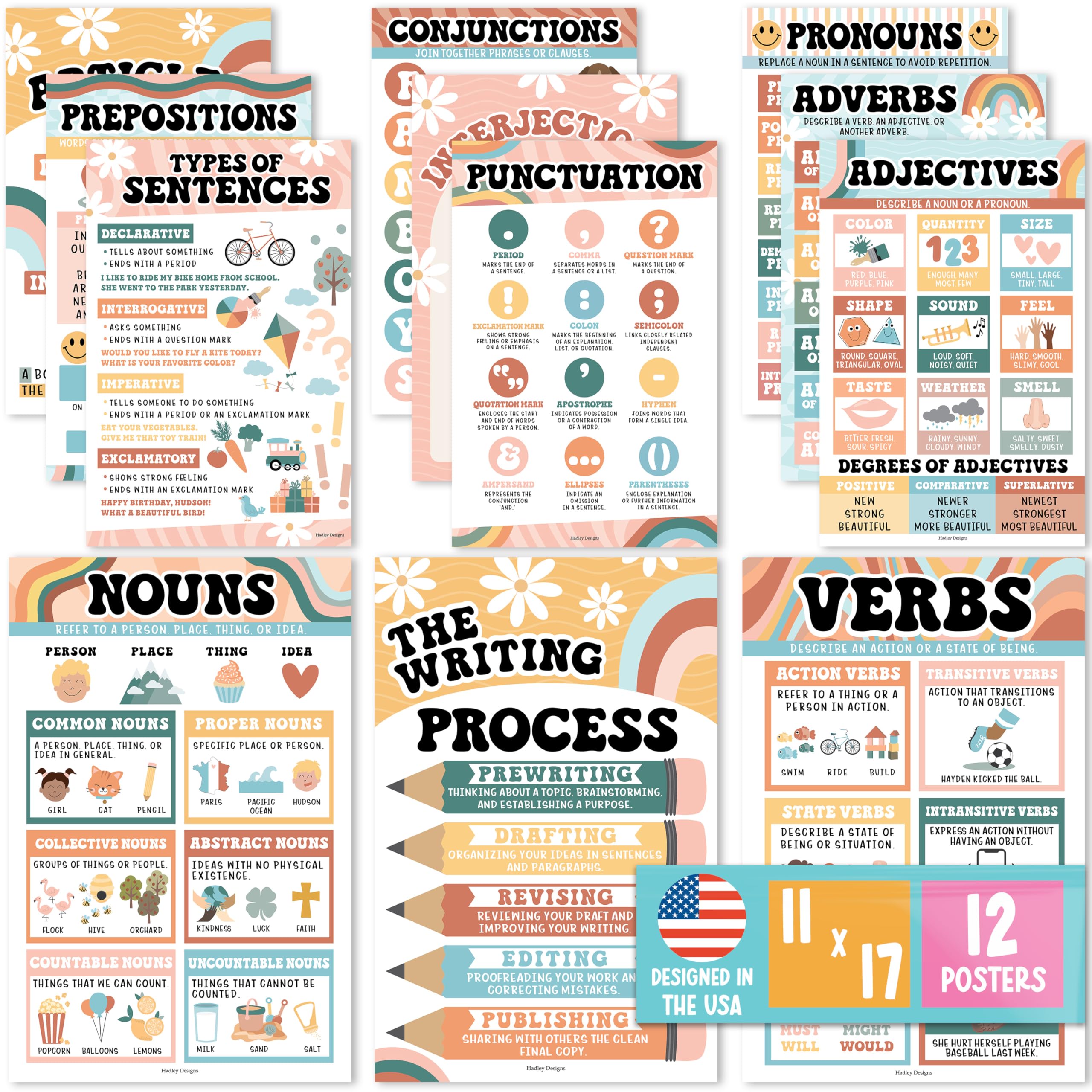 Hadley Designs 12 Grammar Posters For Classroom - Parts Of Speech, Language Arts, Retro Class Decor