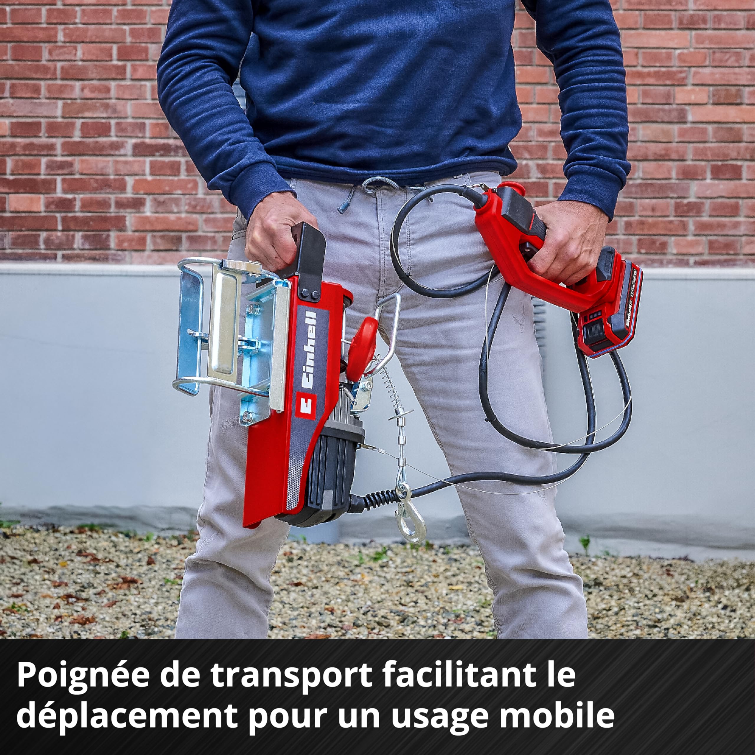 Einhell Palan sans fil TE-EH 18/250 Li BL Power X-Change (18 V, sans charbon, capacité de charge 125 kg / 250 kg avec poulie de renvoi, hauteur de course 12 m, vitesse 3,5 m/min, câble en acier)