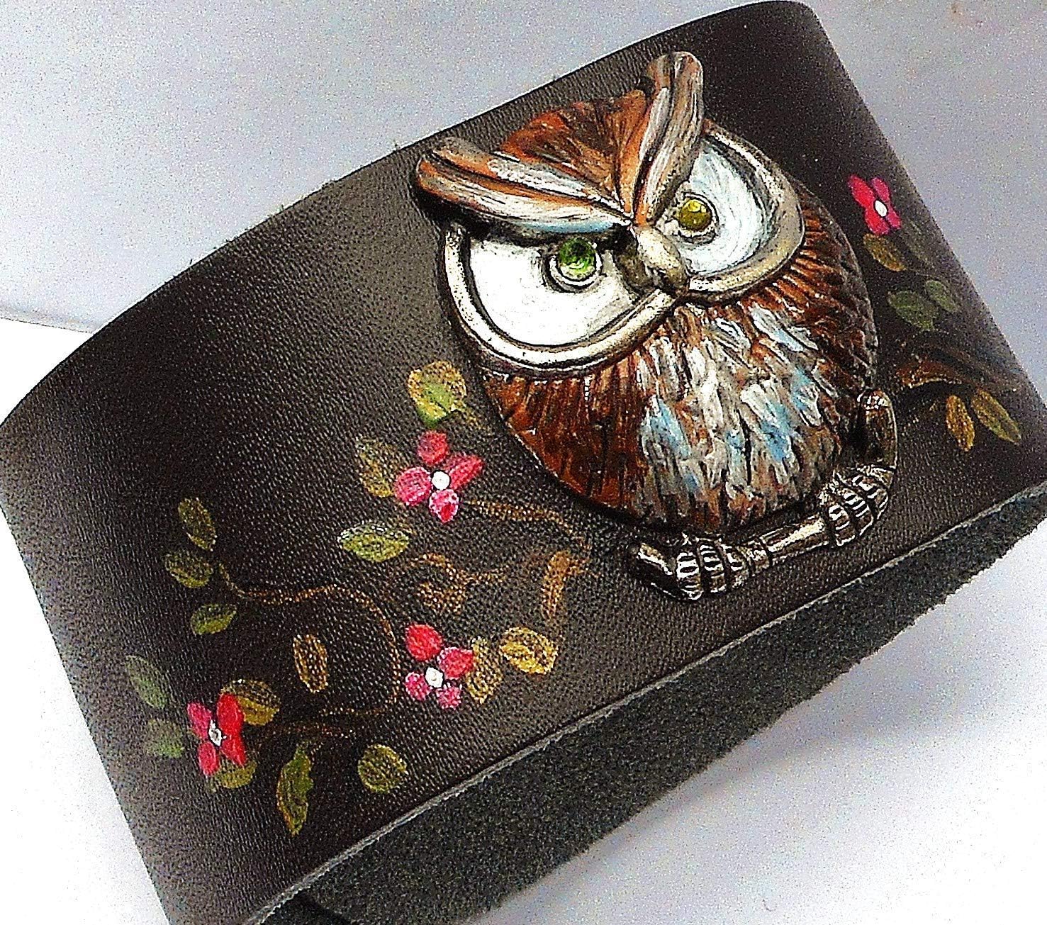 Handmade Cute Owl Stud Adjustable Wide Brown Leather Cuff Bracelet with Artist Painted Pink Flowers Boho Jewelry Gifts for Women