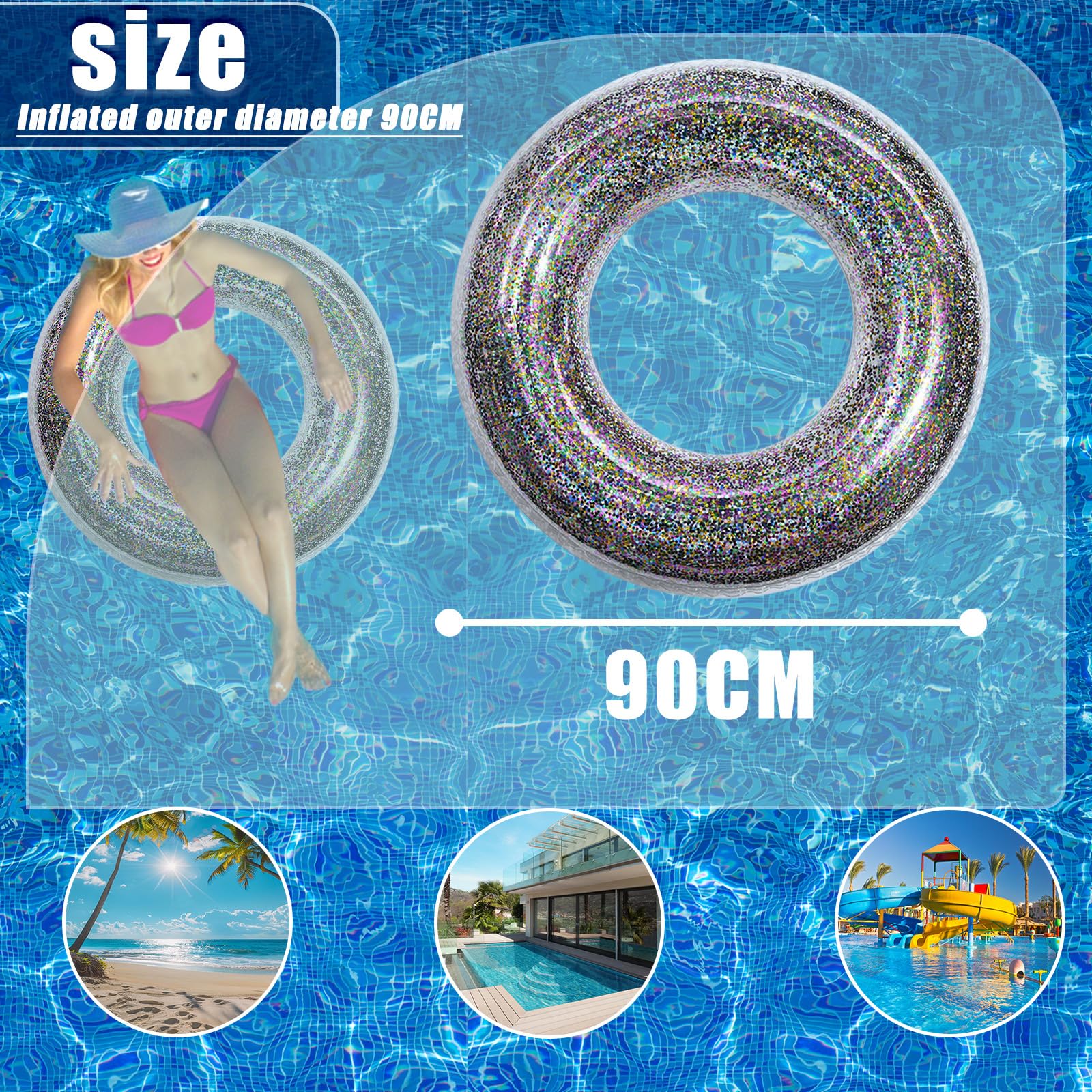 Pool Inflatables Swimming Ring Rubber Rings for Kids Adults,90cm Colorful Sequins Inflatable Pool Water Toys,Inflatable Pool Floats Swim Rings for Women Men Summer Party Beach Water Sport - Image 2