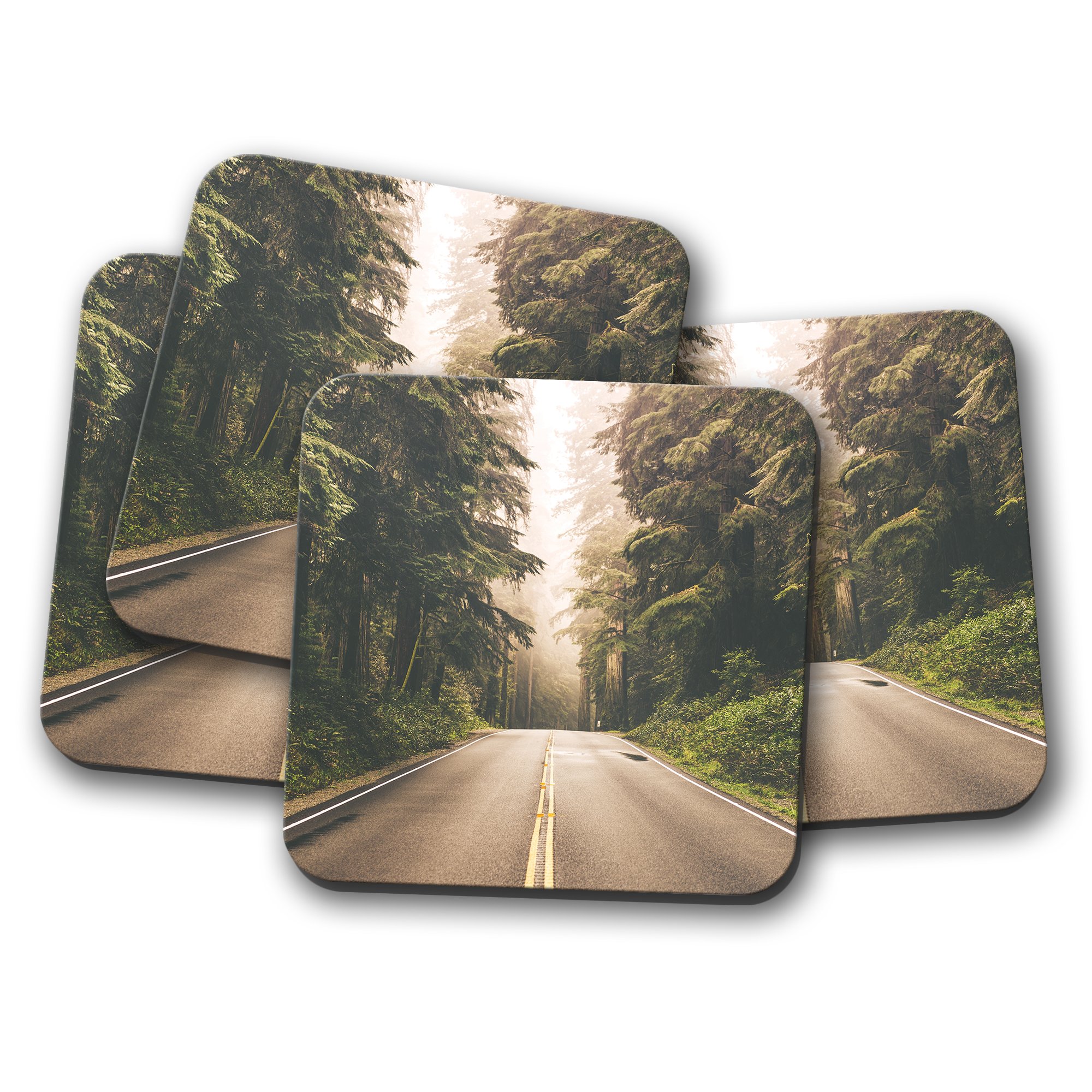 Destinationvinyl Multicolor 4 Set - Beautiful Forrest Road Cork Backed Drinks Coaster - Car Driving Forest #8340