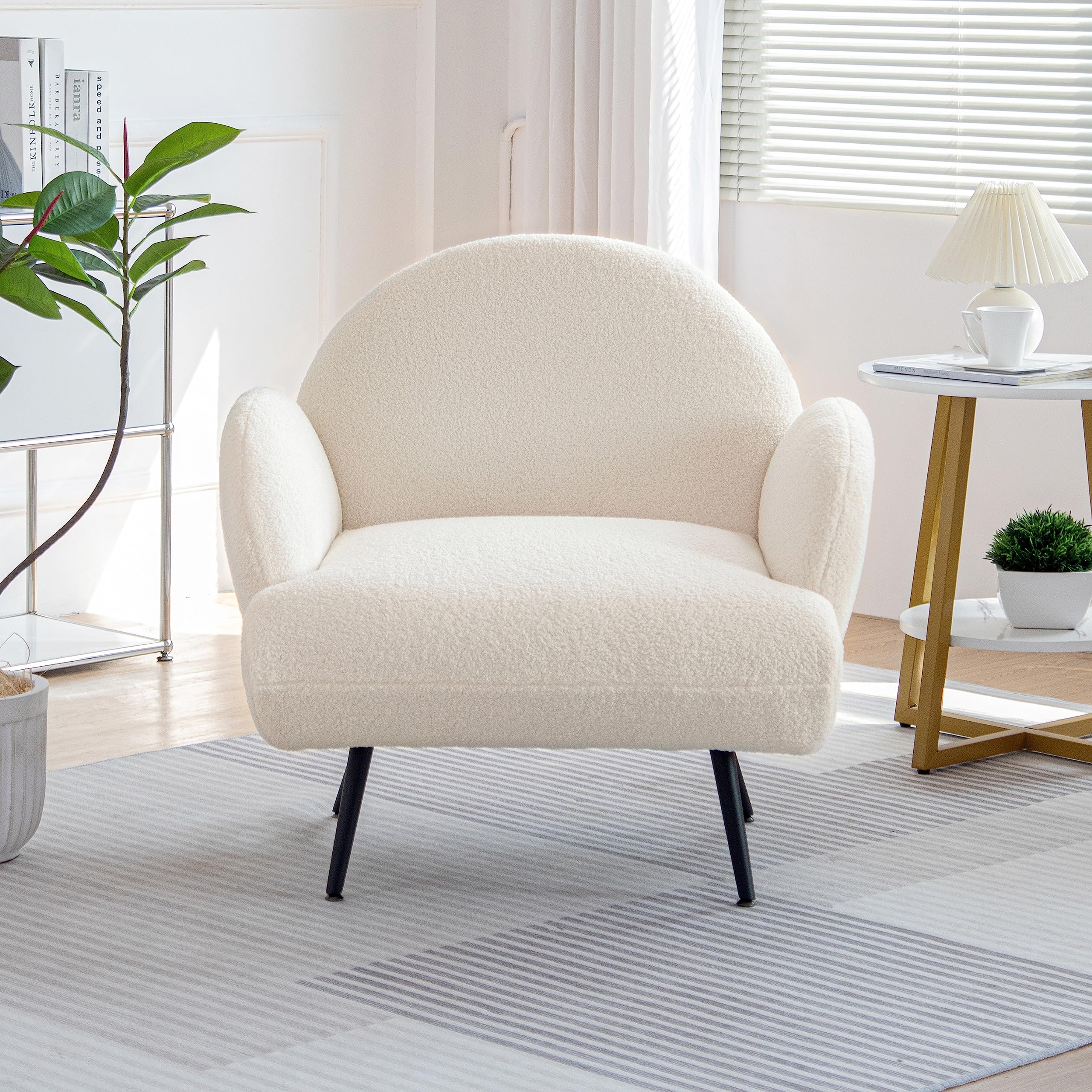 Sillón Moderno, sillón tapizado con Patas de Metal Negro para salón, Dormitorio, balcón, Estudio, Blanco