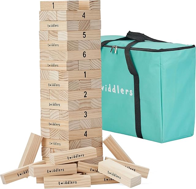 THE TWIDDLERS - Giant Tumble Tower Garden Lawn Game with 64 Wooden Blocks, Stacks up to 4+ Ft High - Outdoor Fun for Kids and Adults