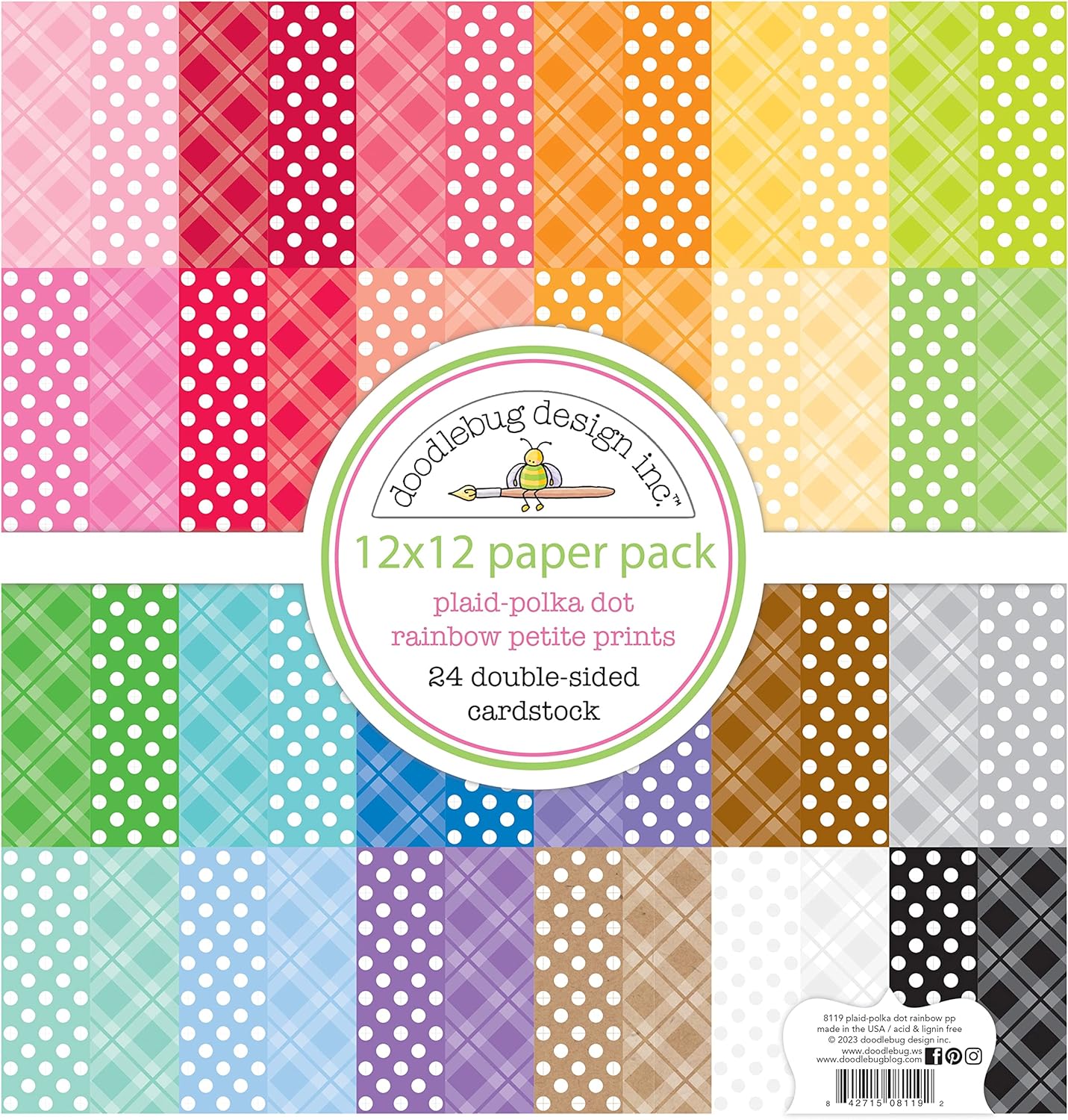 Doodlebug Petite Prints Double-Sided Cardstock 12"X12" 24/Pk - Plaid-Polka Dot