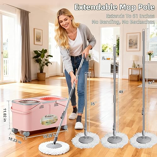 Miniatura 4 de Juego de trapeador giratorio de 360 y cubo, separa el agua limpia y sucia, mopa de piso con 6 cabezales de mopa lavables, fácil de rodar con 4