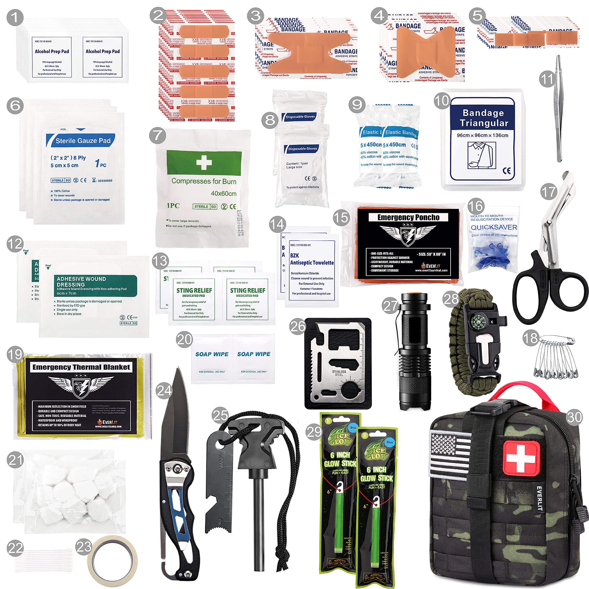 EVERLIT Emergency Survival Trauma Kit with Tourniquet 36" Splint, Military Combat Tactical IFAK for First Aid Response, Critical Wounds, Gun Shots, Blow Out, Severe Bleeding Control and More