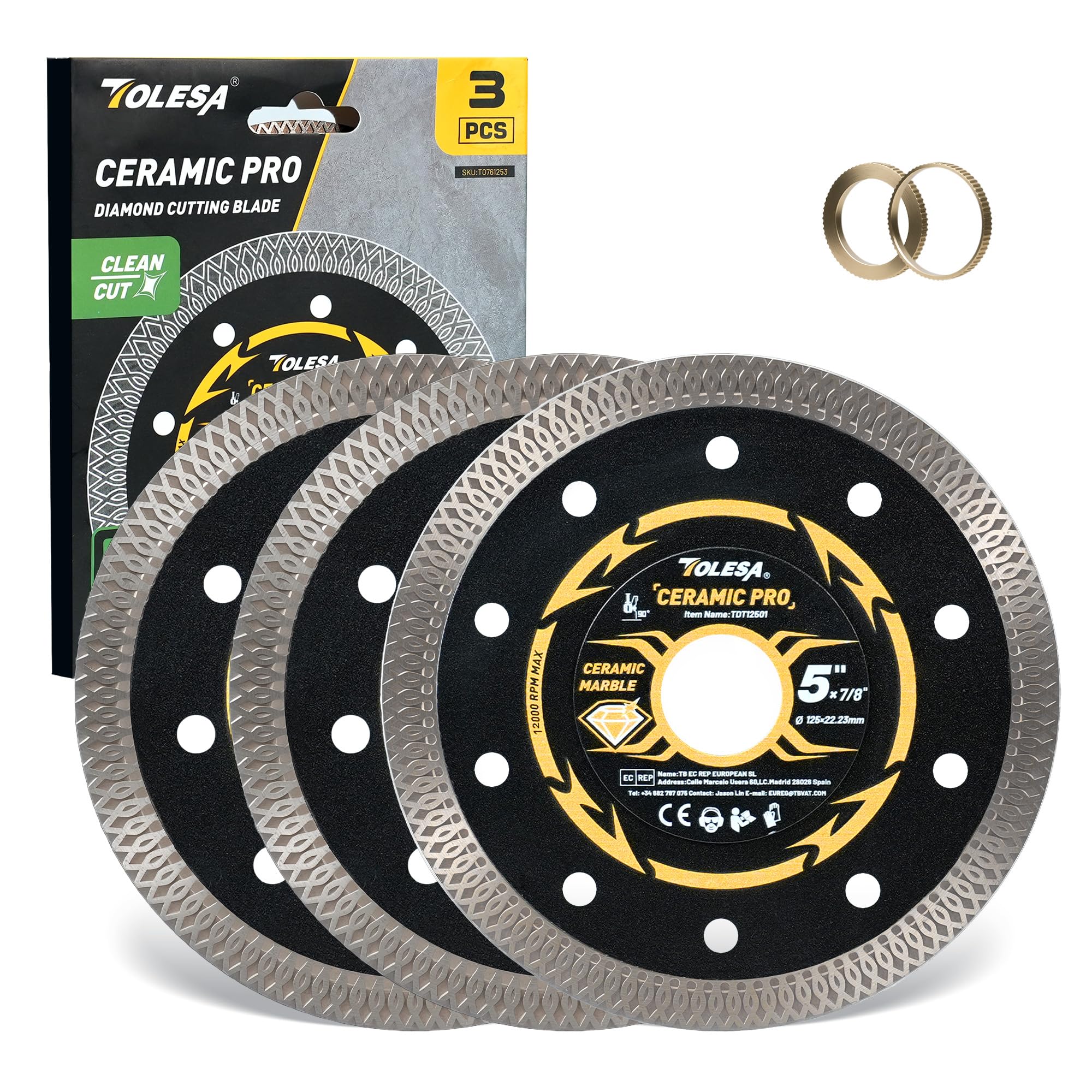 TOLESA Disque Diamant 125 mm, Disque de Coupe Extra Fin pour Carrelage, Céramique, Marbre et Granit, Coupe à Sec ou à l’Eau, Alésage 22,23 mm avec Bagues 20 mm & 16 mm (Lot de 3)