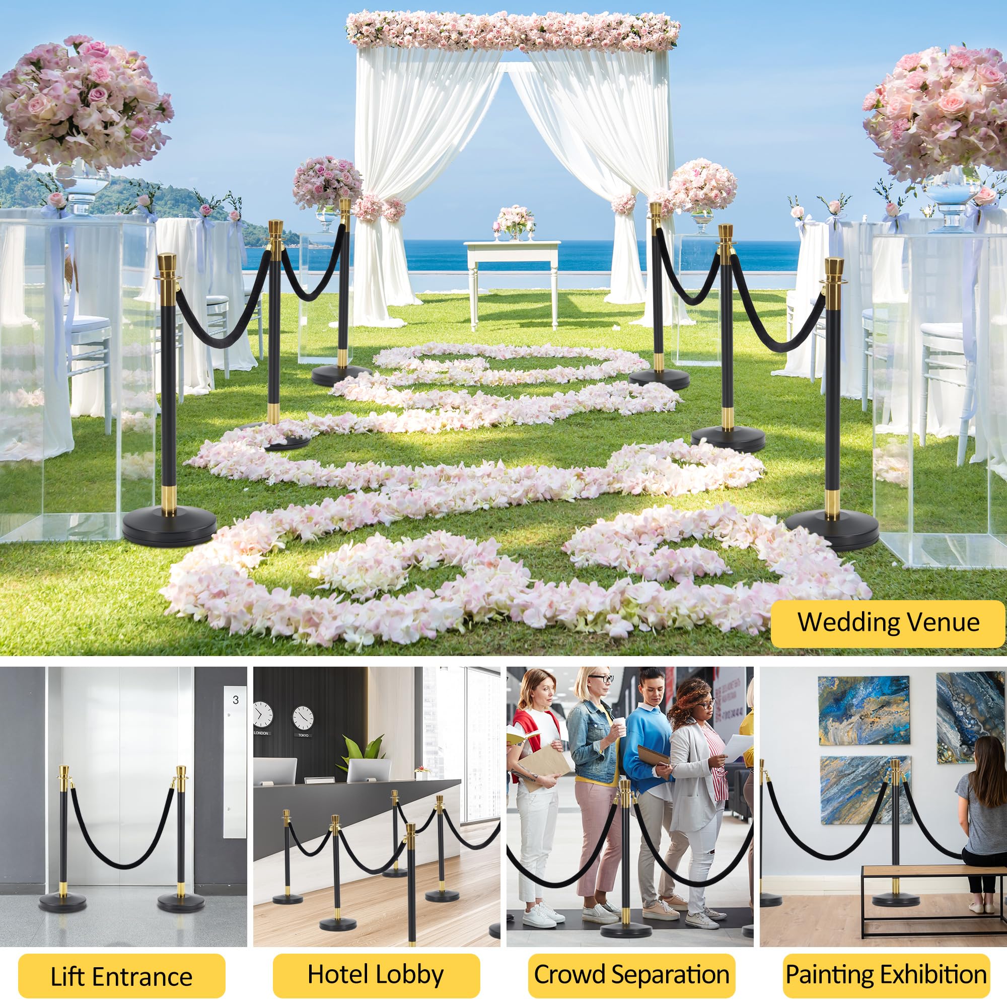 Dragosum Stainless Steel Stanchion 4 Pcs Red Carpet Ropes and Poles, Crowd Control Barriers, Post Queue with 3 Pcs Velvet Rope, Crown Top Sand Injection Hollow Base for Party, Wedding (Black Rope)