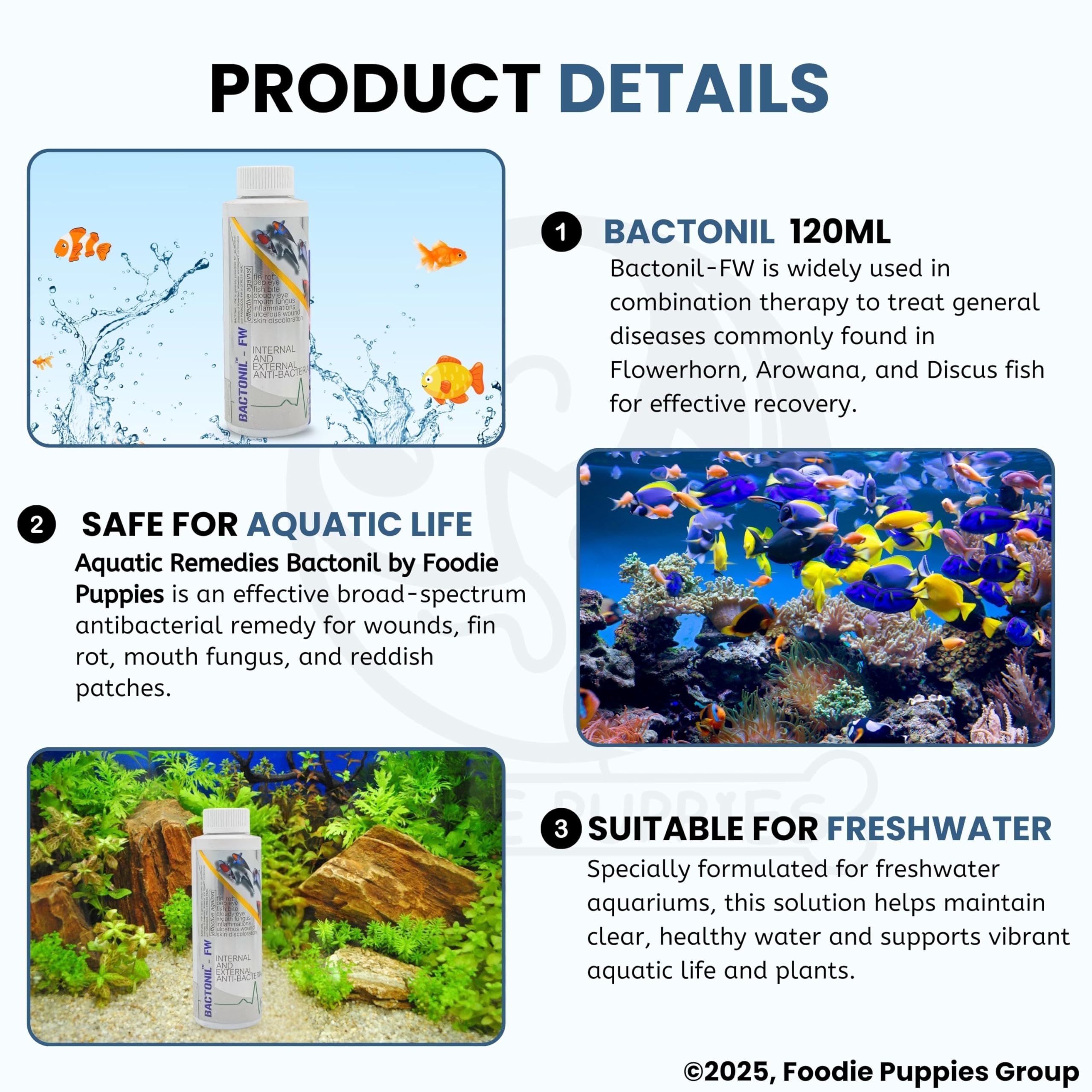 Foodie Puppies Aquatic Remedies Bactonil -FW - 120ml | Anti Bacterial Effective Fish Skin Treatment Suitable for Freshwater | Aquarium Medicine