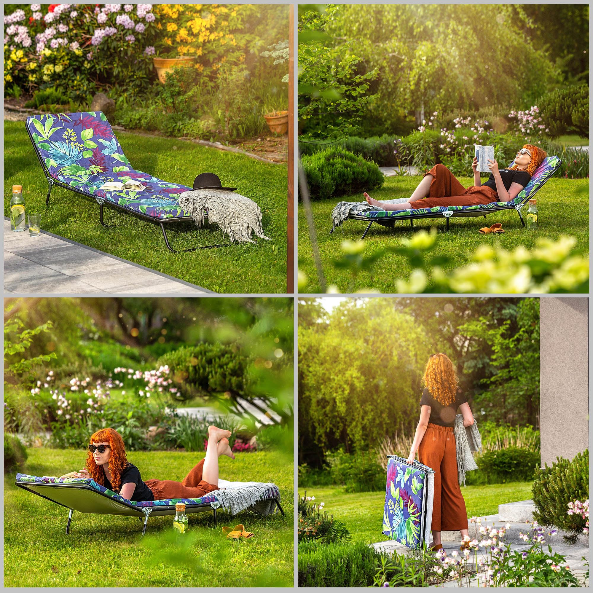 KADAX Gartenliege, klappbare Sonnenliege mit 5 Regulierungsmodi, Klappbett mit Polsterauflage, Dreibeinliege mit Traglast bis 250kg, Liegestuhl für Garten (blau-grün)
