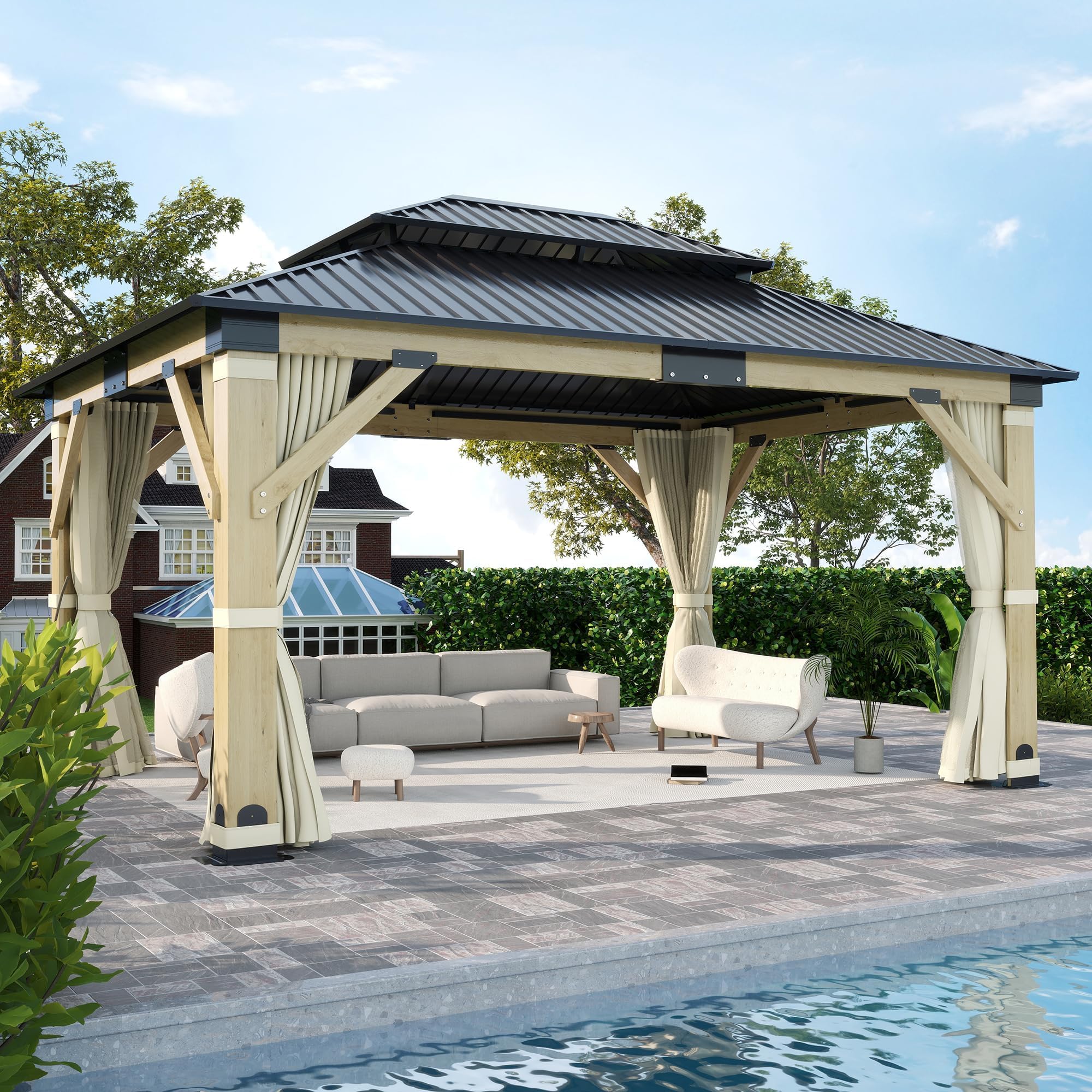 Photo 1 of **PARTIAL SET - MISSING OTHER BOXES TO COMPLETE SET**




13'x15' Wood Gazebo, Outdoor Solid Wooden Gazebo with Double Roof Galvanized Steel Top, Hardtop Cedar Frame with Curtain & Netting for Garden, Patio, Deck, Backyard********************REFERENCE