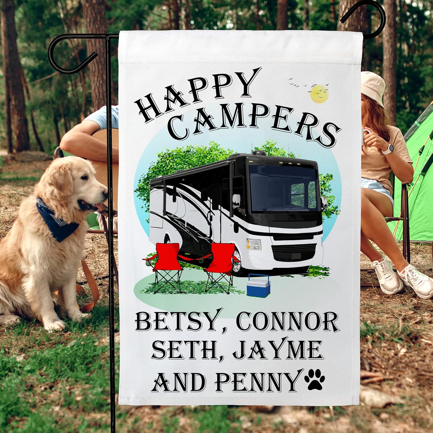 Happy Campers Personalized Class A Motor Home Campsite Flag, Customize Your Way, White Flag (White)