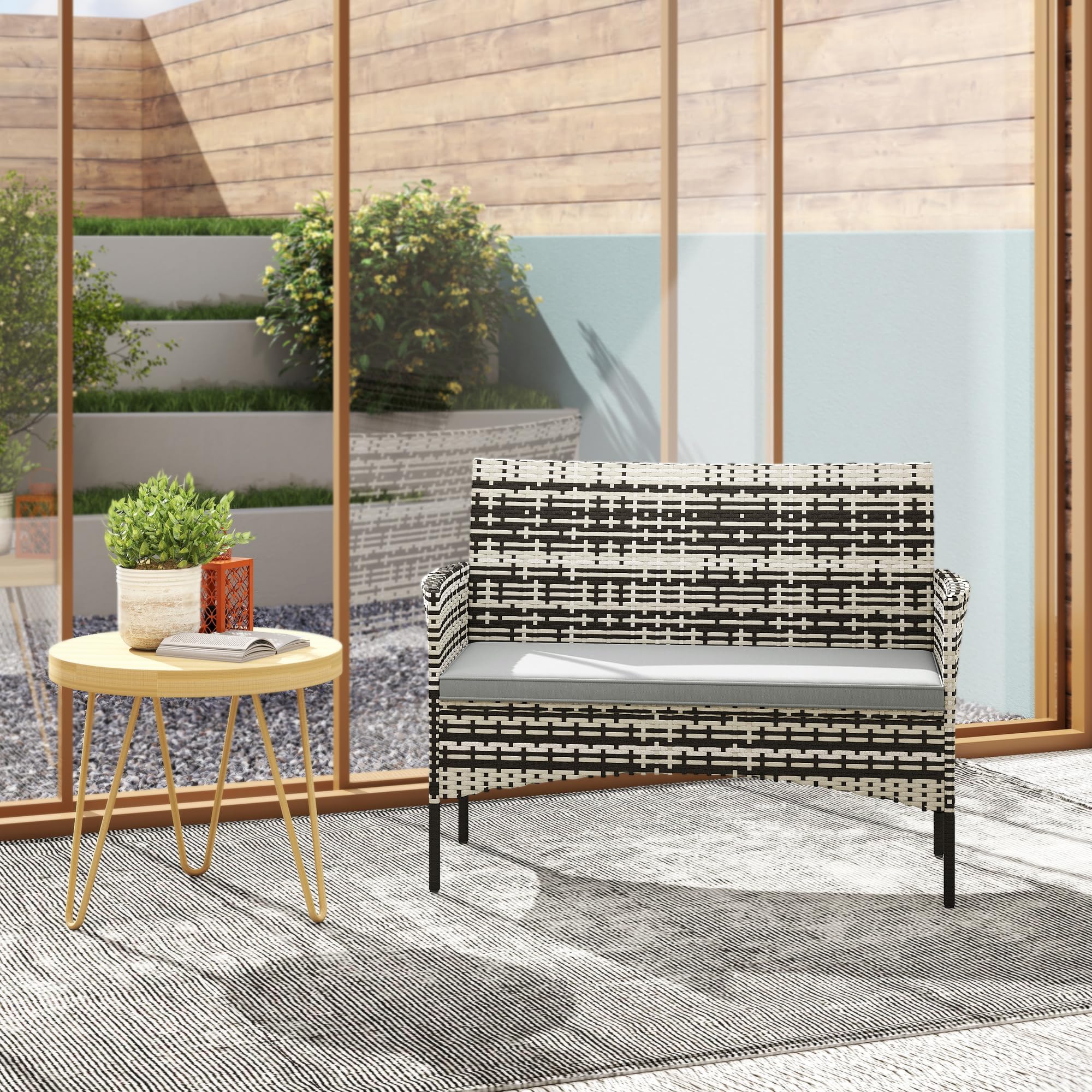 Outsunny Sofa Ogrodowa 2-osobowa Rattanowa z Poduszką, Sofa na Taras Balkon, Pogodoodporna, Jasnoszara | Sofa wypoczynkowa, sofa do ogrodu, na taras, balkon, polirattan