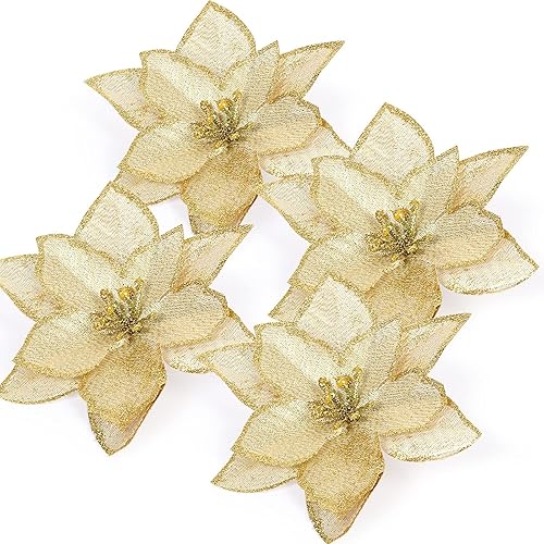 Miniatura 3 de Naler 24 piezas de flores de Pascua artificiales de seda de Navidad con purpurina dorada para árbol de Navidad, coronas, guirnaldas, decoración de