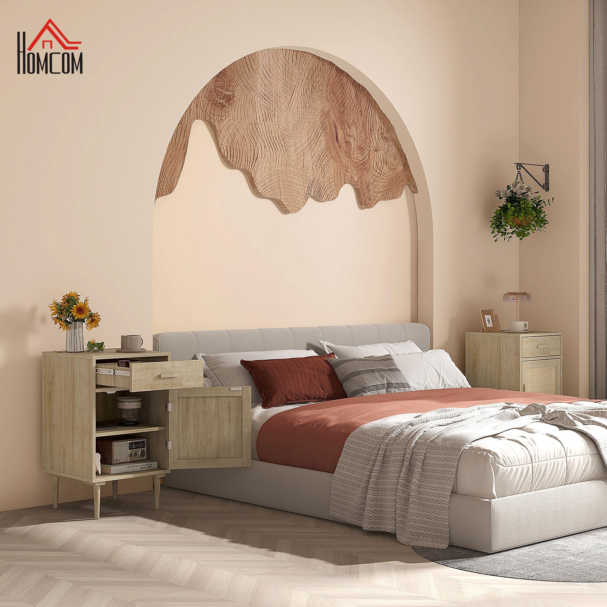 HOMCOM Comodino boho con cassetto mobile in rattan effetto legno naturale | Tavolino in rattan, mobile a 2 livelli, ripiano regolabile, comodino, camera da letto