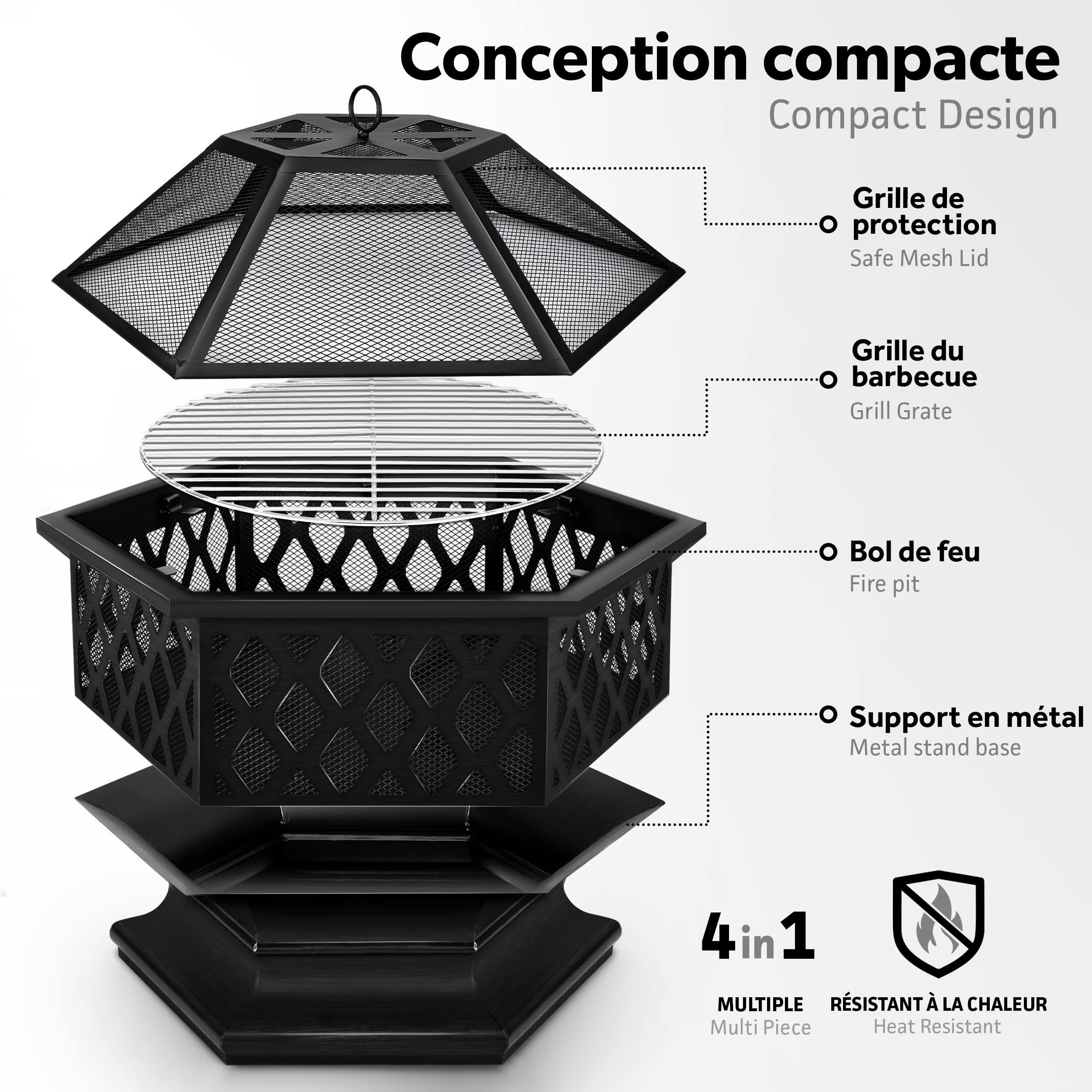 tillvex Brasero Extérieur BBQ | Foyer Poêle pour Jardin, Terrasse | Chauffage avec Gril-Le à Charbon + Couvercle | Cheminée Feu pour Barbecue avec Tissonier Noir (Hexagonal)