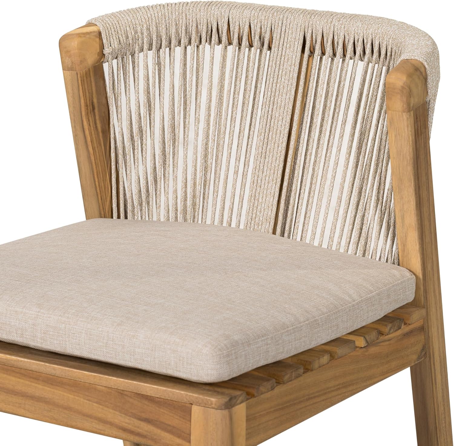 GDFStudio 40.25" H Louie Outdoor Bar Stools Set of 2, Acacia Wood Frame with Woven Rope Backrest & Beige Cushion Boho Counter Height Bar Chairs Footrest for Patio Garden Balcony or Kitchen, Teak