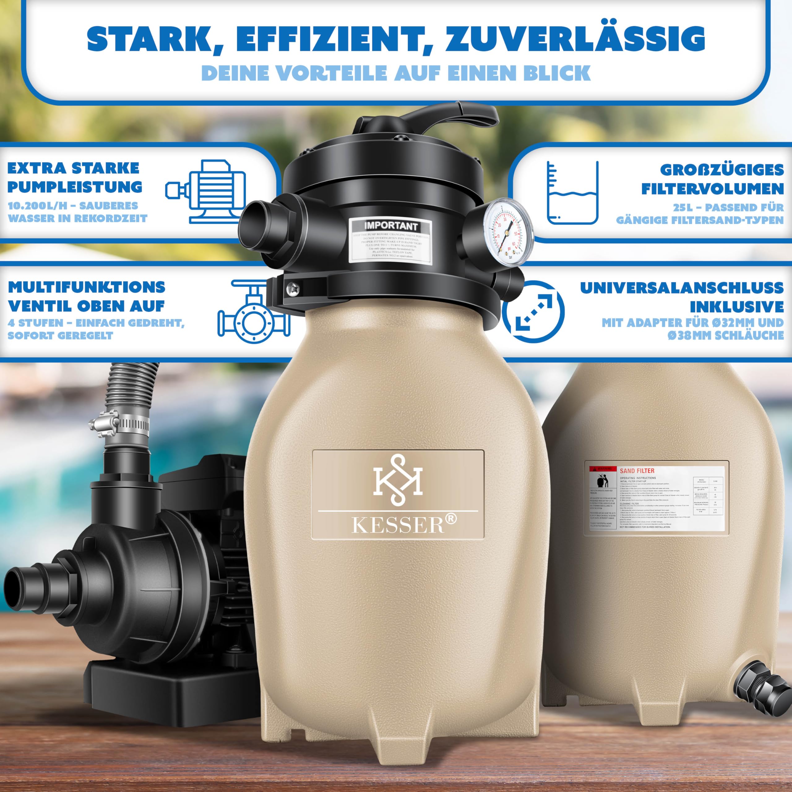 KESSER® Sandfilter Sandfilteranlage + 800g Filterbälle ersetzen 25kg Filtersand-Poolfilter 10 m³/h Filteranlage Filterkessel für Pool Schwimmbecken 4-Wege Ventil, einfache Steuerung, Inkl. Cover,Sand