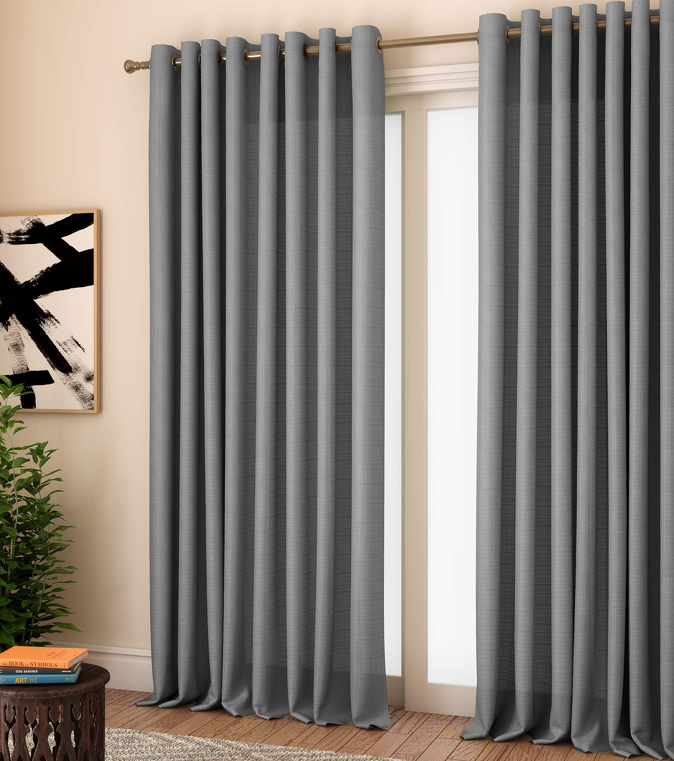Curtain Label Set of 2 Milano Plain Textured Glossy Eyelet 100% Polyester Curtain - 4 X 7 Feet, Grey
