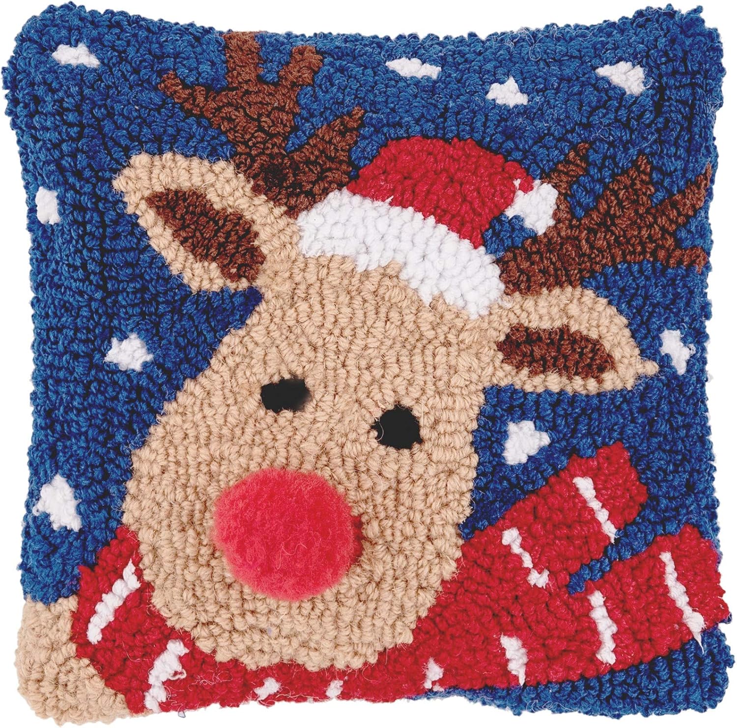 C&F Home Reindeer Santa Hat Hooked Christmas Small Petite Mini Accent Pillow 8" x 8" XMAS Festive Winter Holidays Snowflakes Red White Striped Scarf Home Living Room Sofa Couch Chair Bed Bedroom Decor