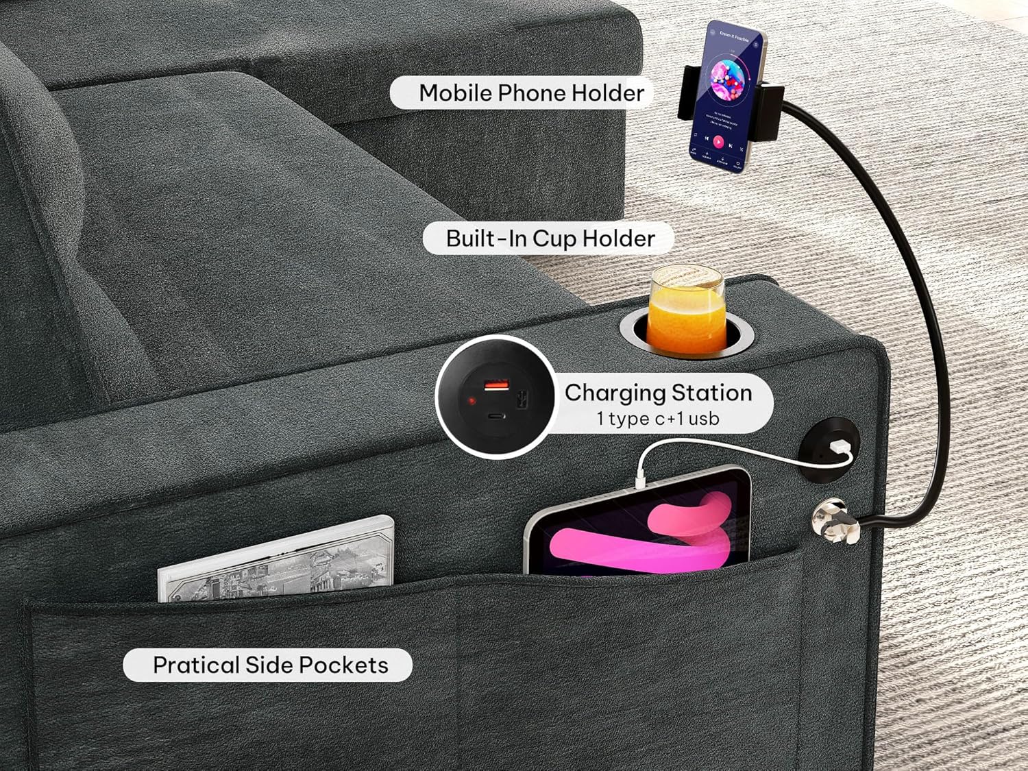 Detailed view of the YITAHOME Sleeper Sofa's armrest features including cup holder, USB charging station, mobile phone holder, and side pockets.