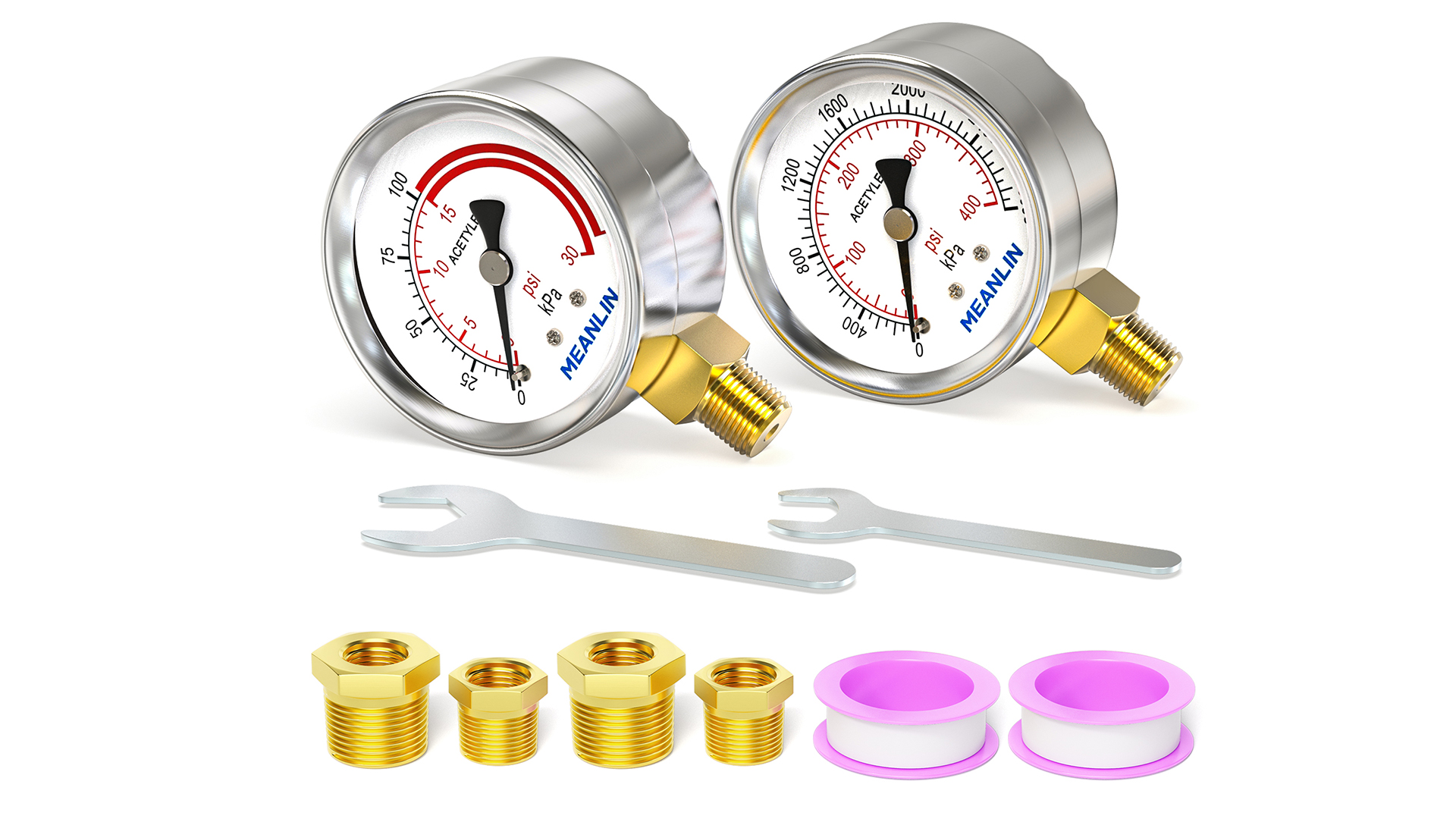 MEANLIN High Pressure Gauge For Acetylene Regulator – 1/4" NPT, 400 PSI, 2.5" Dial Face, Includes Fittings & Tape - View #11