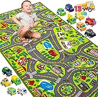 JOYIN Kids City Play Rug with 12 Pull-Back Cars - Durable Toddler Car Track Playmat for Pretend Play