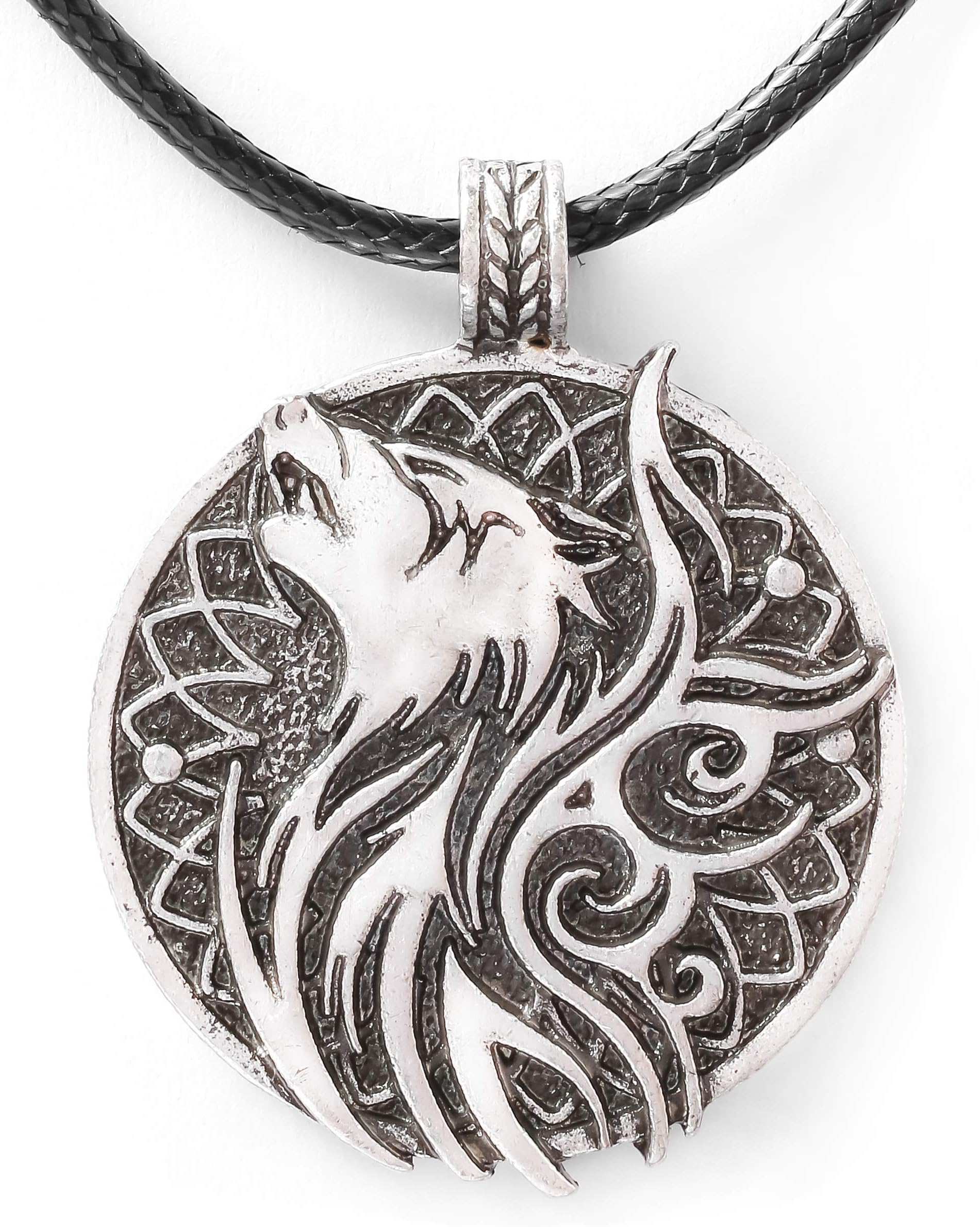 HAQUIL Wolf and Ravens Necklace, Viking Odin's Wolf and Ravens Pendant, Faux Leather Cord, Wolf Jewelry Gift (AD)