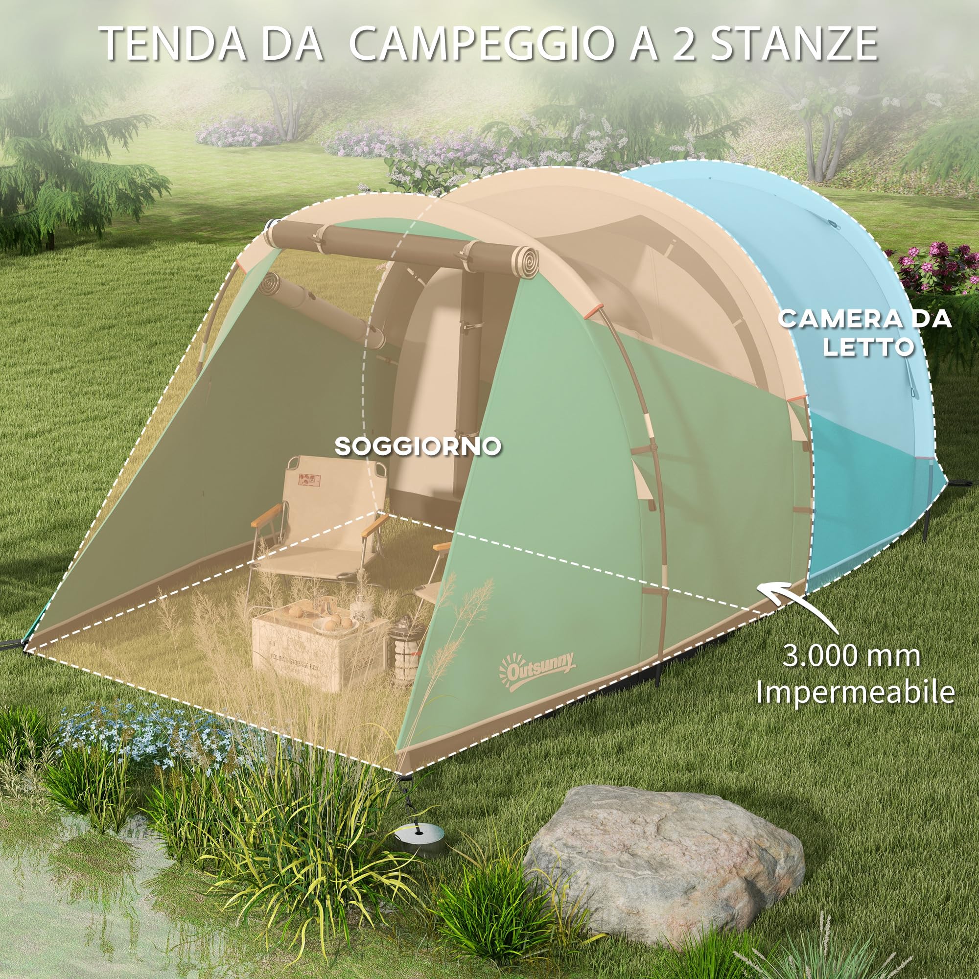 Outsunny Tenda da Campeggio 2-4 Persone Impermeabile con Stanza Separata, Tenda a Tunnel Familiare con Borsa di Trasporto, 460x260x190 cm, Verde