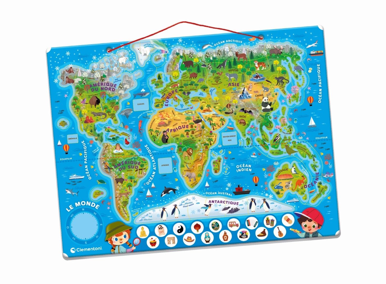 CLEMENTONI - Mon Puzzle Magnétique du Monde 4 Ans + - Planisphère Interactif - Découverte Animaux & Monuments - Jeu Éducatif Enfant