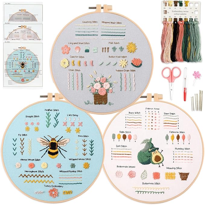 Myfelicity Mushroom Embroidery Kit - 3 Hoops With Fabric, Threads, Needles & Instructions