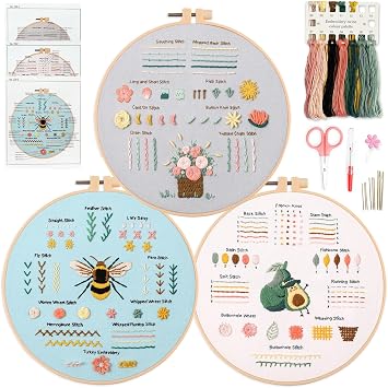 Myfelicity 3 Embroidery kit for Beginners, Embroidery Starter Kits to Learn 28 Different Stitches, Including Fabric with Prints, Threads, Needles, Hoop and Video tutorials