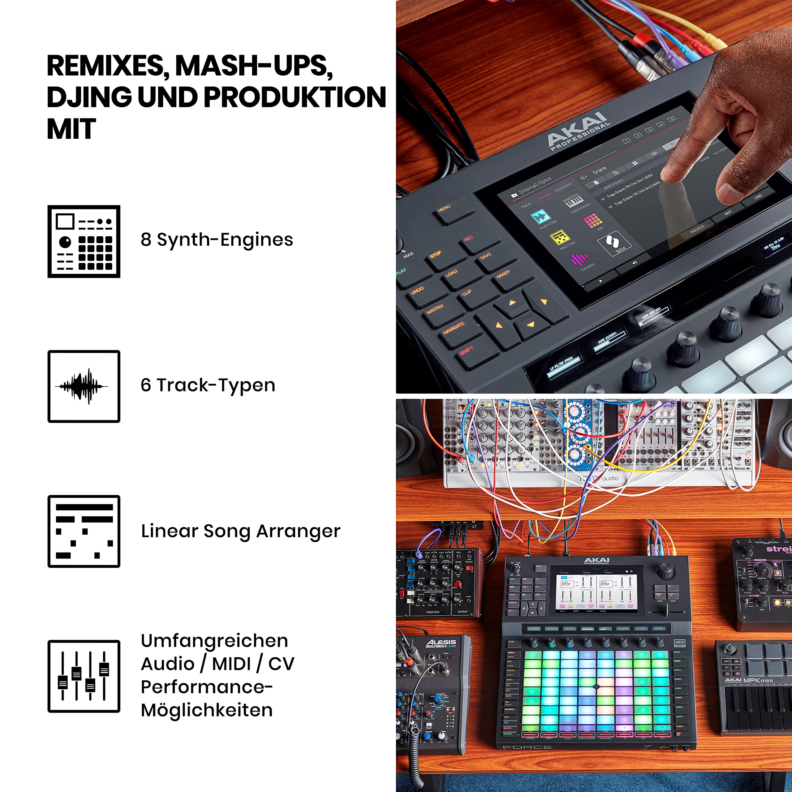 Akai Professional FORCE – Standalone-Musikproduktion, MIDI-Sequencer und DJ-System mit Synth-Engines, MPC-Sampling und Clip-Launching im Ableton-Stil
