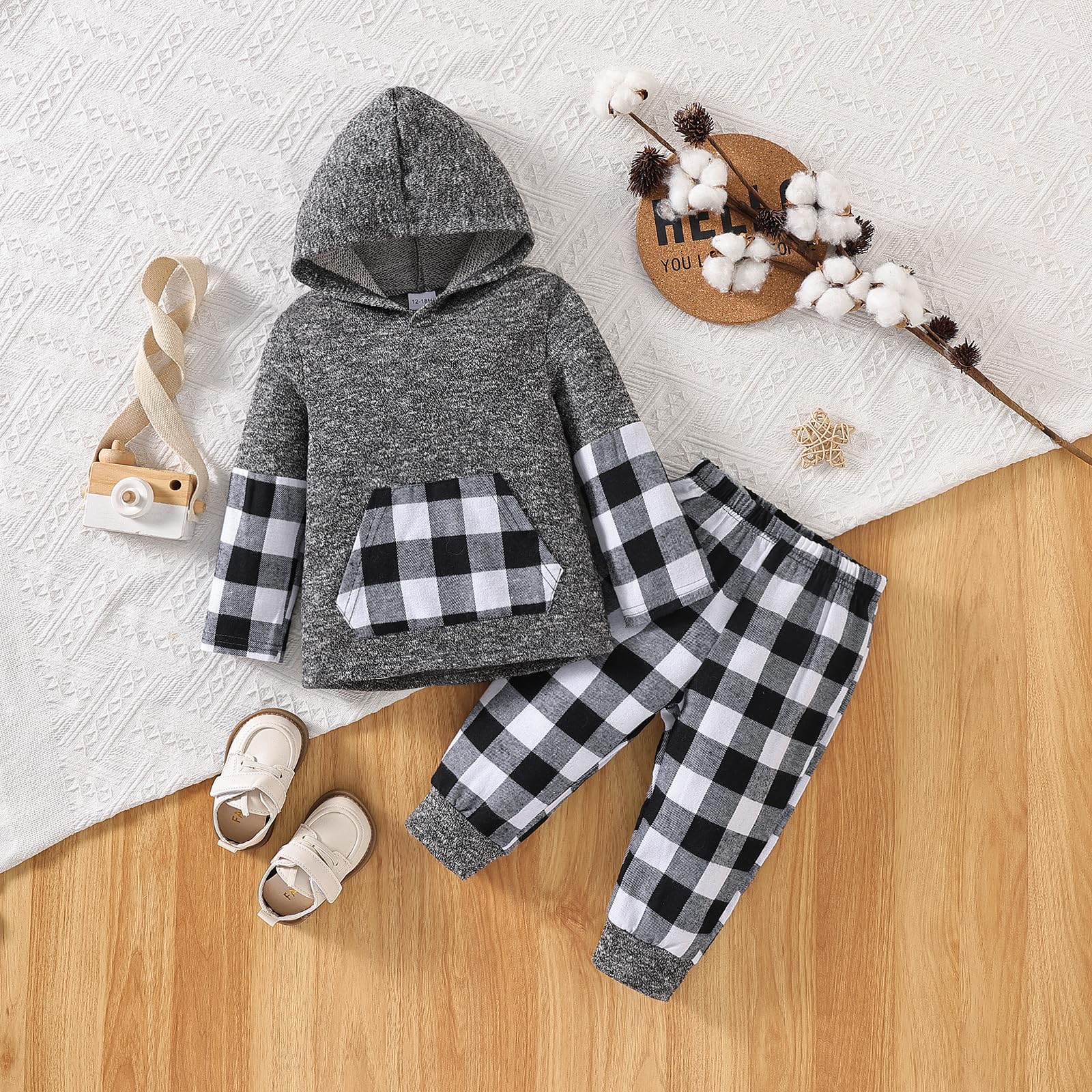 WOLBAY Toddler Boy Clothes long Sleeve Plaid Hoodie Buffalo Plaid Pants Sweatsuit Fall Winter Outfits 12 Months- Size 5