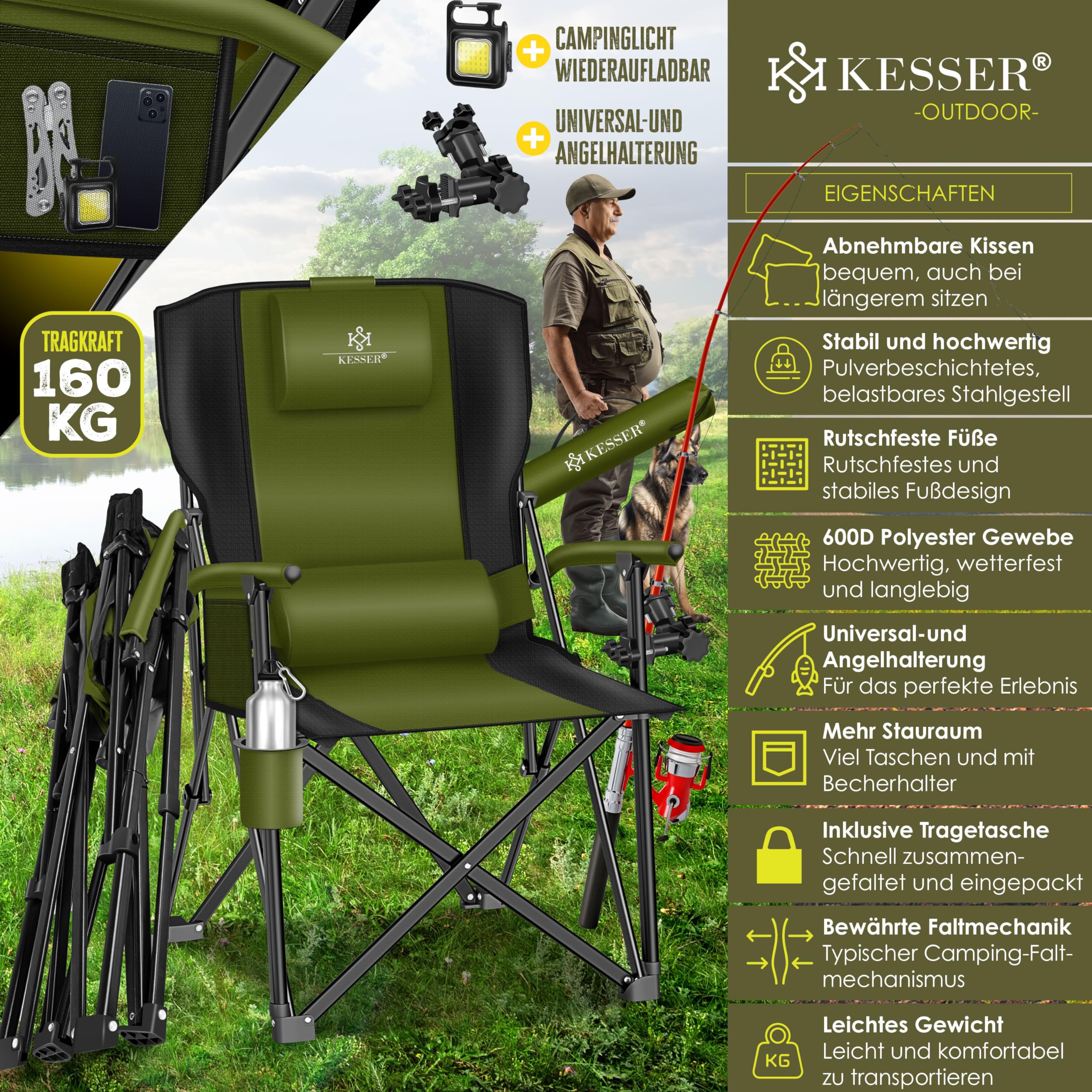 KESSER® Sedia da Campeggio Pieghevole Fino a 160 kg, Imbottita con Braccioli, Luce da Campeggio, Portabicchieri, Borsa con Schienale Alto, con Porta Canne da Pesca, Khaki/Nero