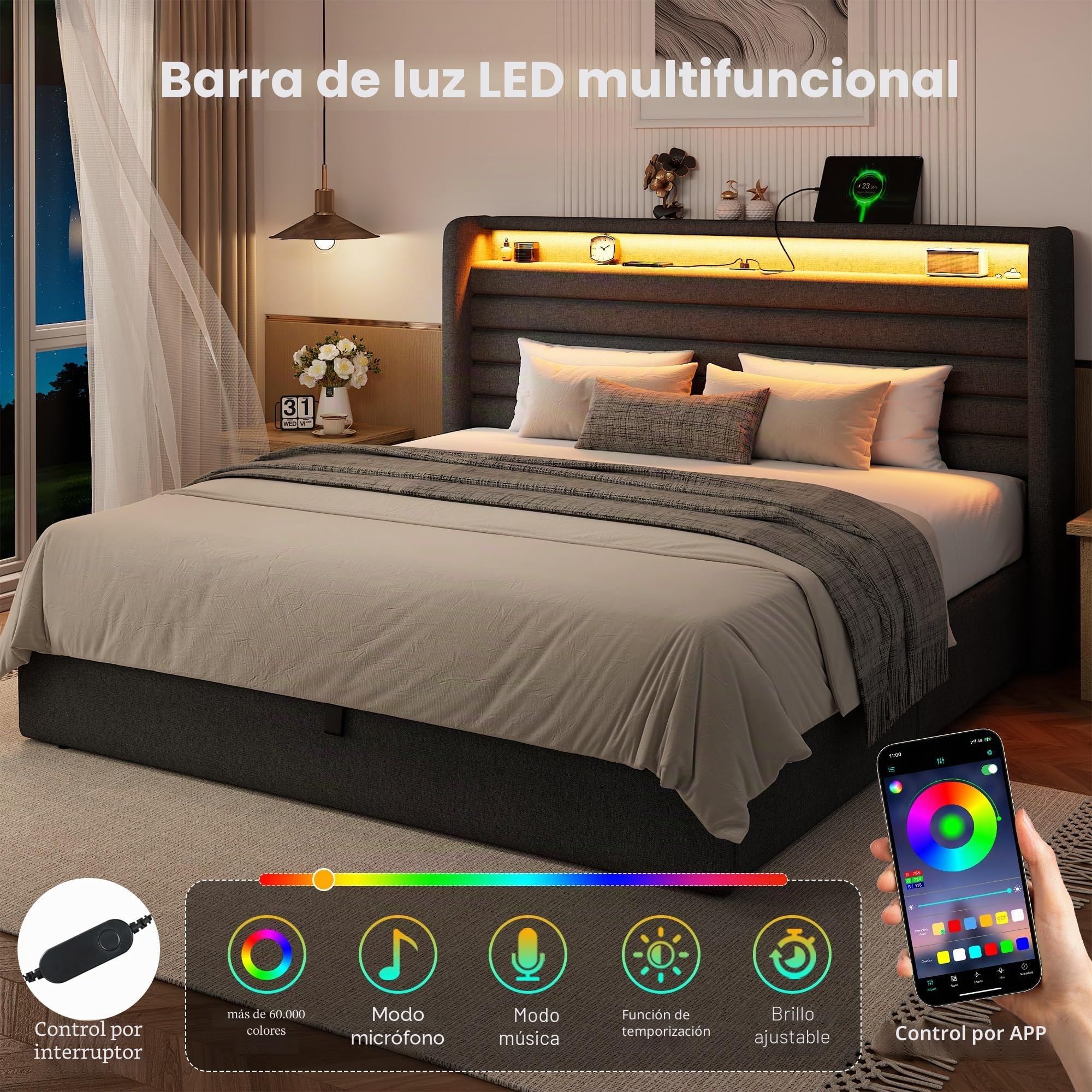 FEONASE Cama 160x200 cm con Almacenamiento, Tapizada, LED y Carga, Cabecero Hidráulico de Lino