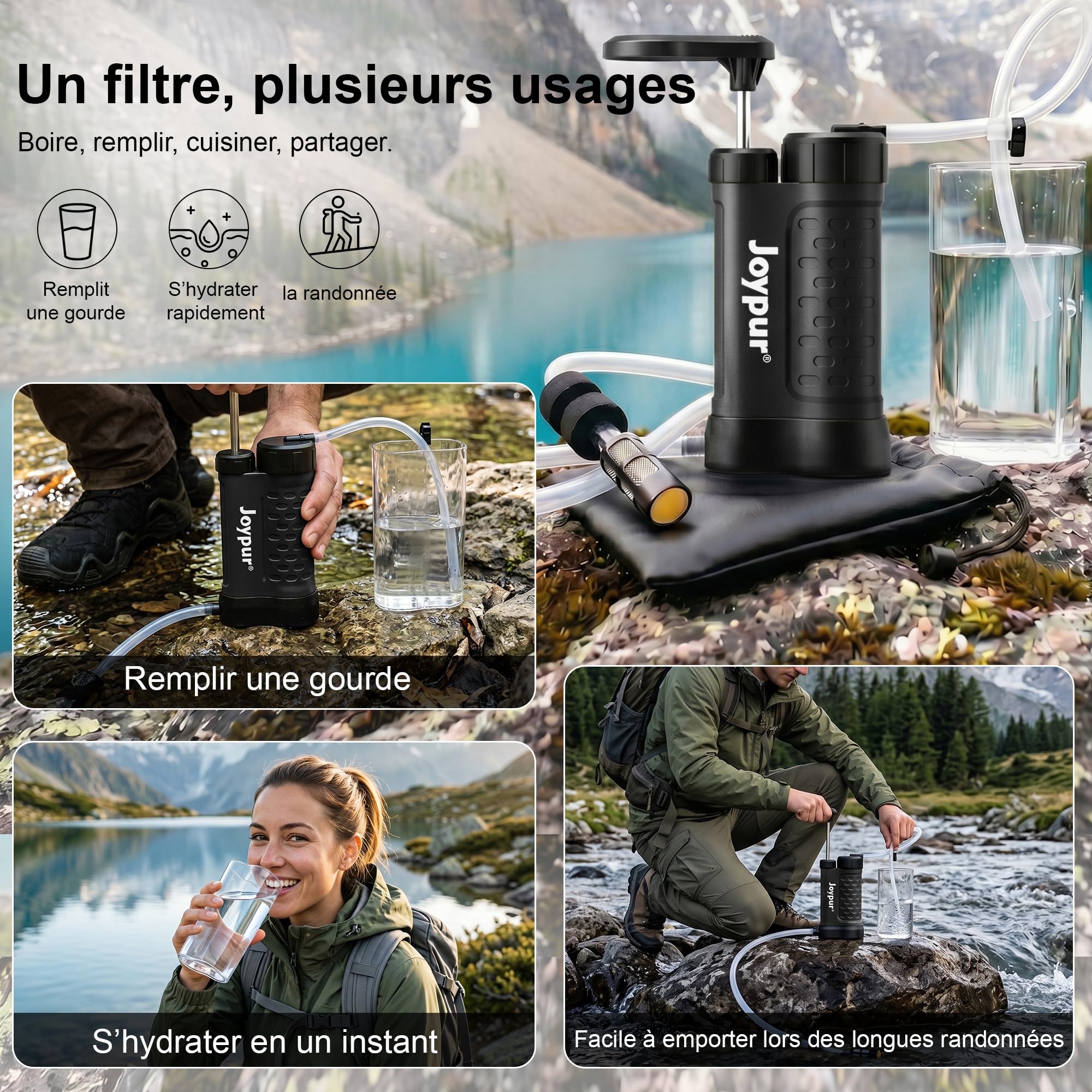Filtro dell'acqua per esterni con membrana UF a 5 livelli, precisione del filtro 0,01 μm, peso leggero 340 g, per campeggio e emergenza (480 ml) (K8192 x nero)