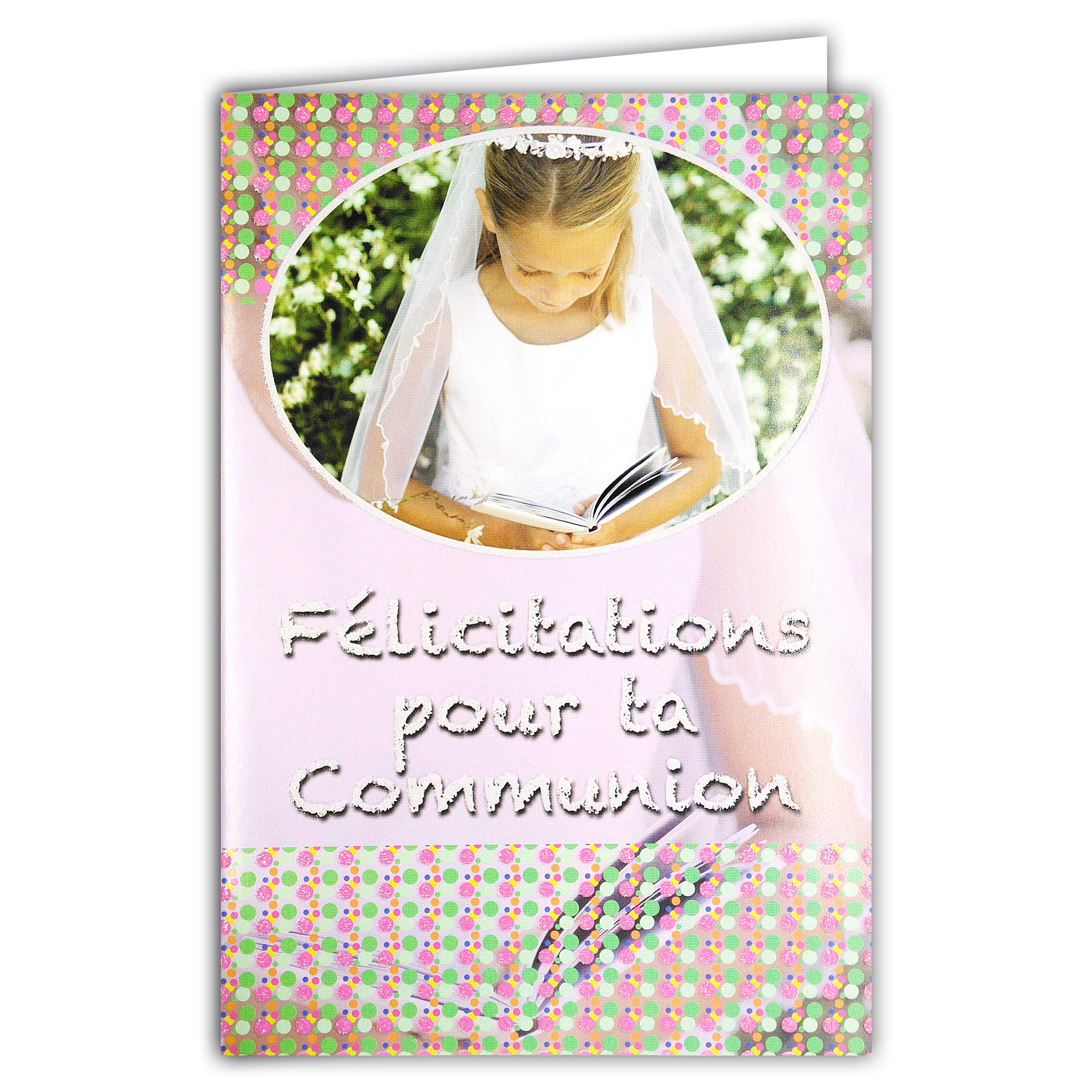 Afie 68-1019/1 Card with Envelope Congratulations for Your Holy Communion Girls Glitter Dawn Dress White Bible Spring Party