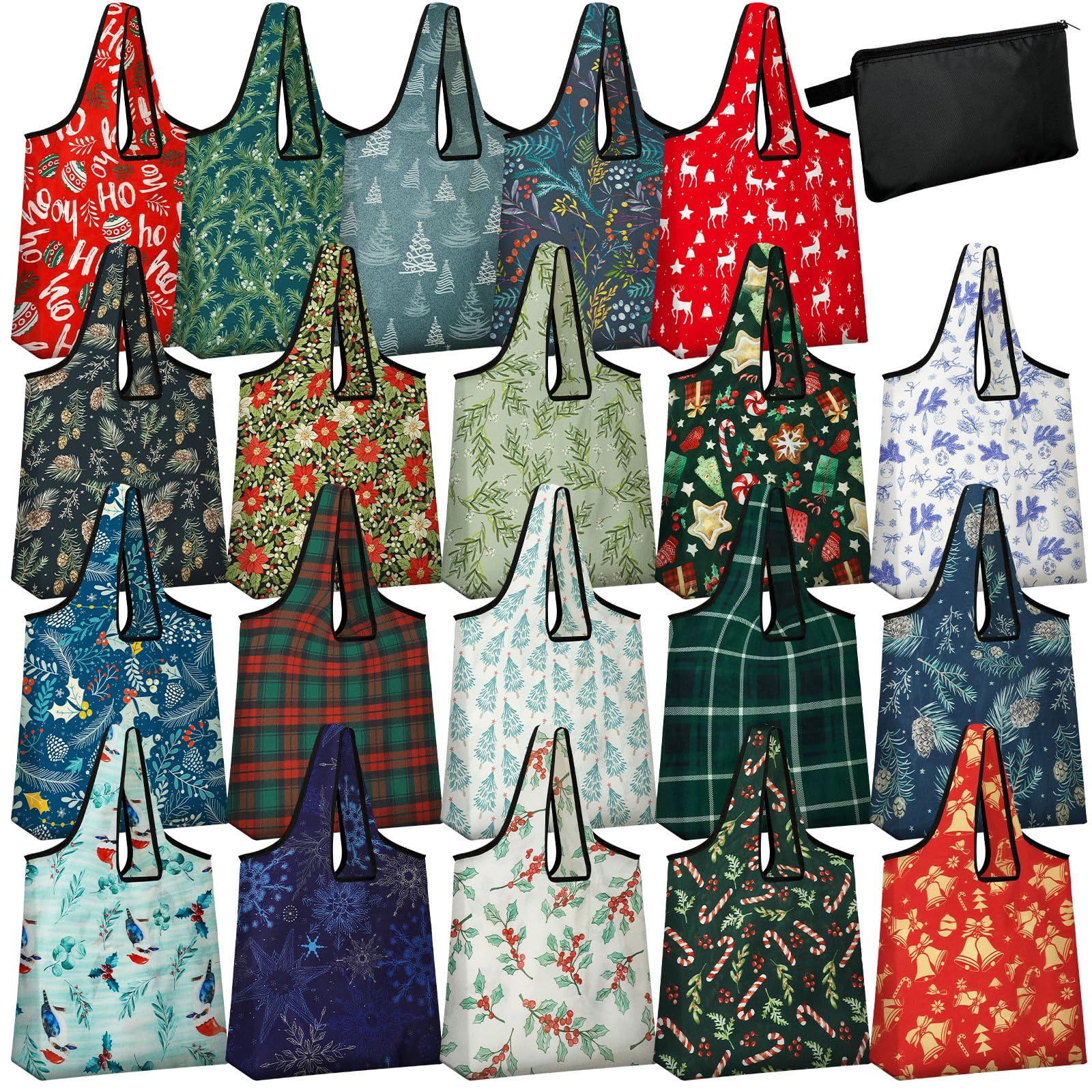20 Pcs Christmas Gifts Christmas Reusable Grocery Bags Bulk Storage Pouch Shopping Bags Foldable Machine Washable Tote Zipper Pouch for Home
