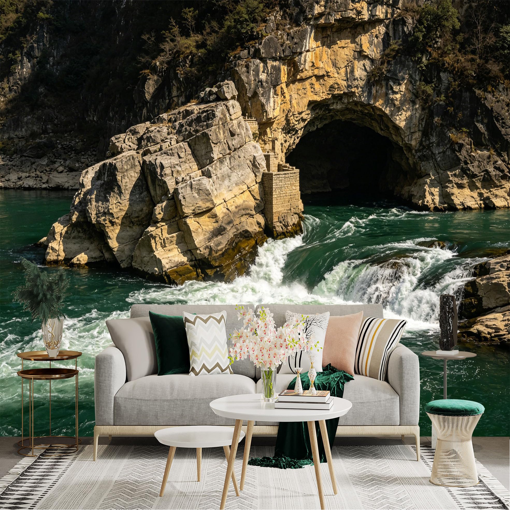 Lnzczhyre Dbh260521578 Custom Size Wall Sticker Mural， Natural River Landscape， Majestic Rocky Canyon， Flowing Water Rapids， Scenic Stone Cave， For Wall Decoration， Peelandstick Wall Decals.