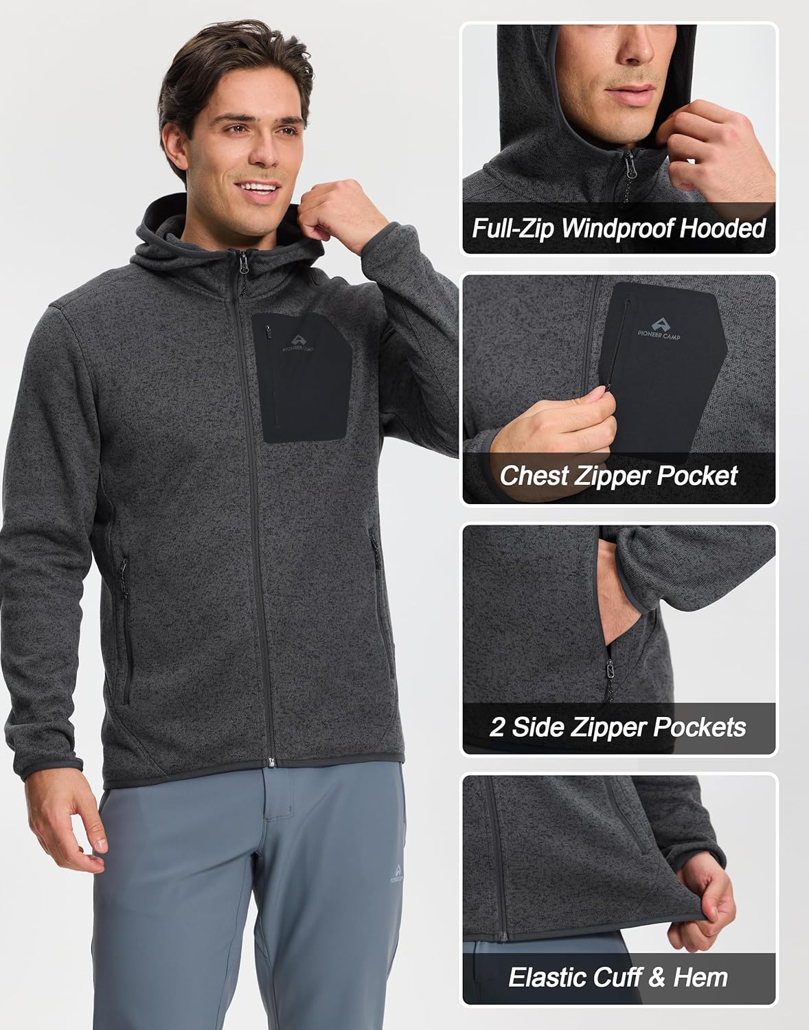 Pioneer Camp Men's Full Zip Fleece Jacket with Hood Chest Pocket Winter Warm Lightweight Outwear Coat Hiking Climbing Skiing - Image 5