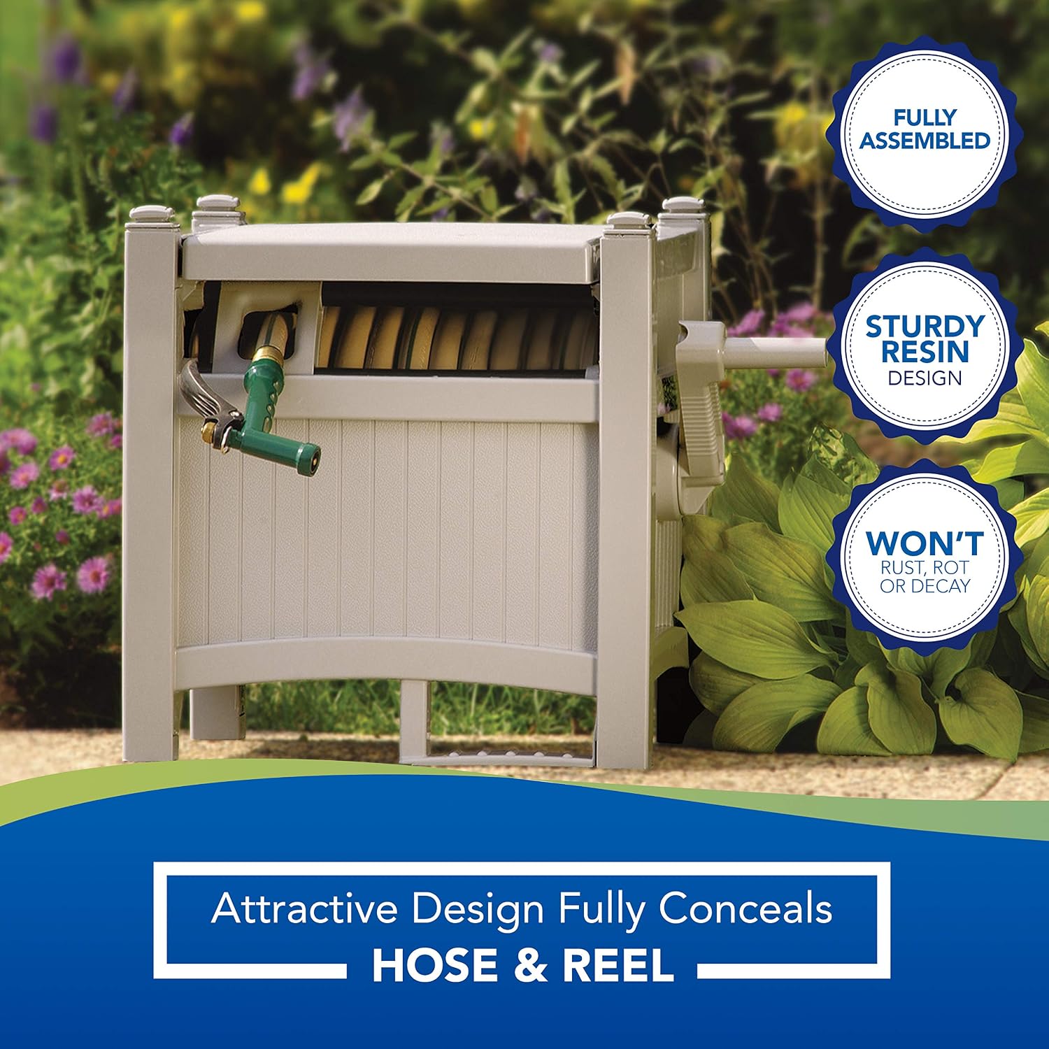 Suncast CPLPHT100 100 ft. Slide Trak Hose Hideaway, 20 1/2" W x 15 1/2" D x 16 1/4" H, Taupe