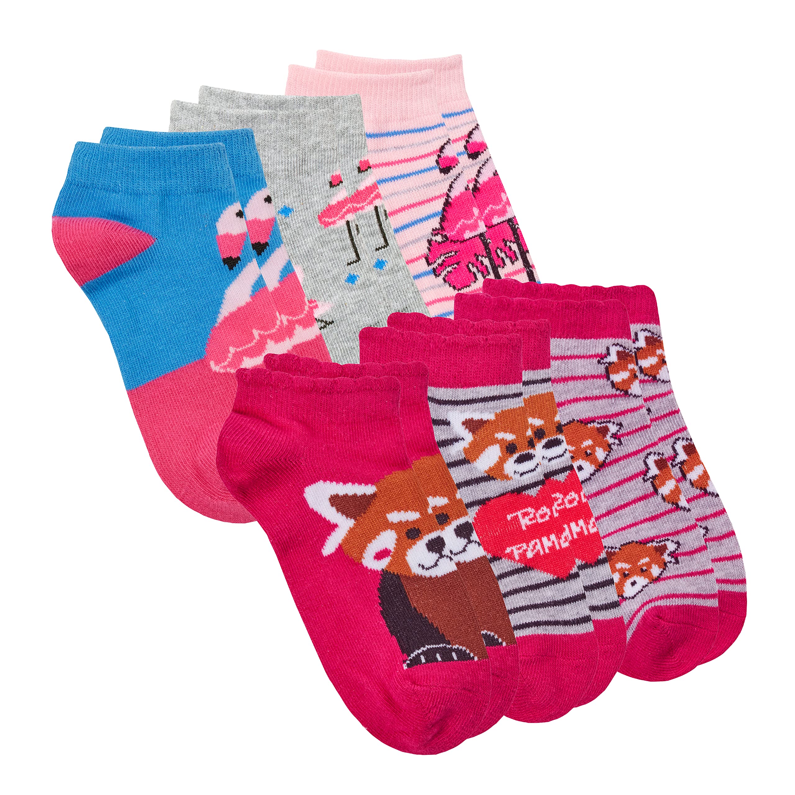 Metzuyan Kids Girls Cotton Rich Novelty Trainer Liner Socks Animals Low Cut Socks Flamingo Red Panda 12.5-3.5