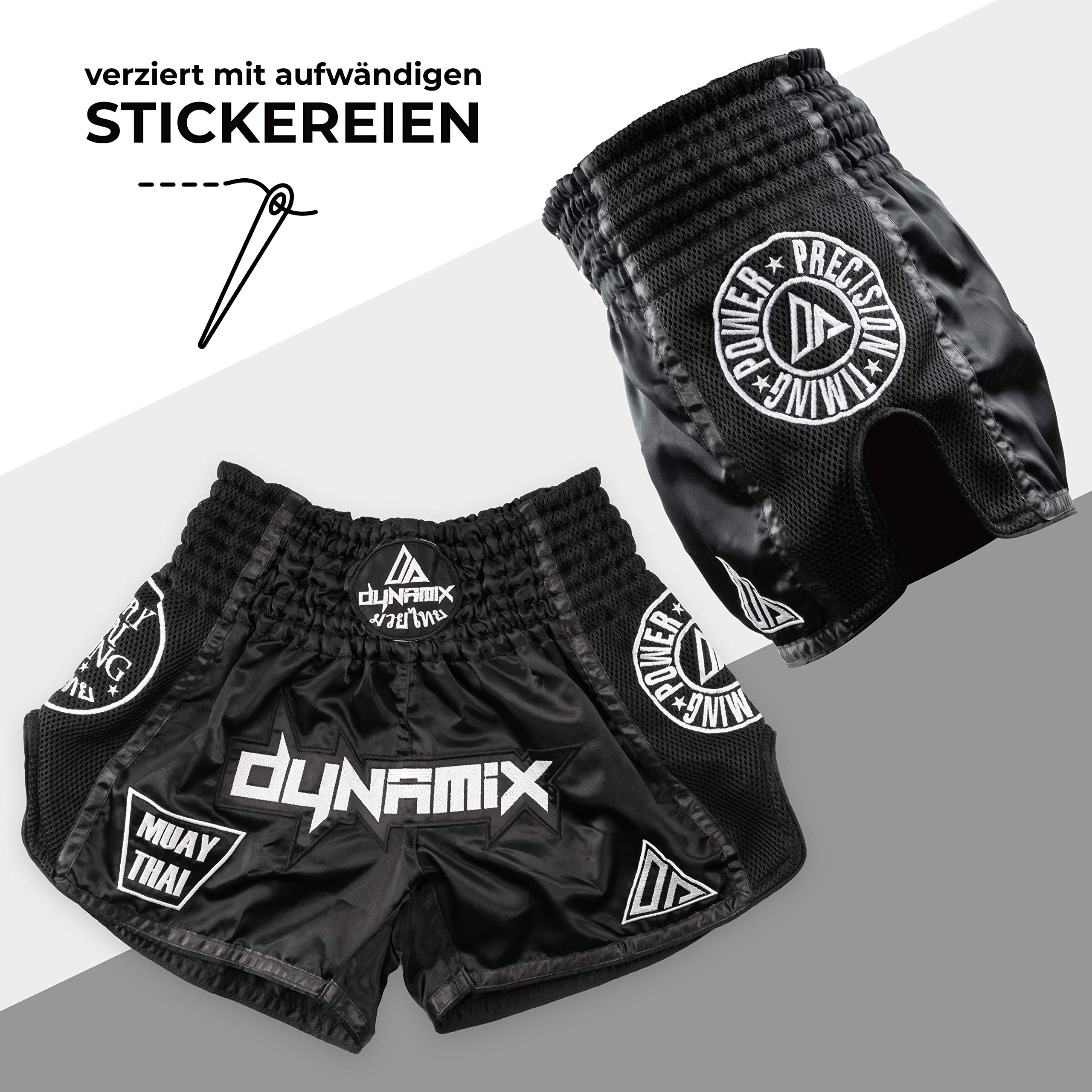 Muay Thai Shorts Warpath - Schwarz - Premium Thai Short für Thaiboxen traditionelle Thaiboxhose für Herren mit Air-Tech-Gewebe und einzigartigen Muay Thai Stickereien