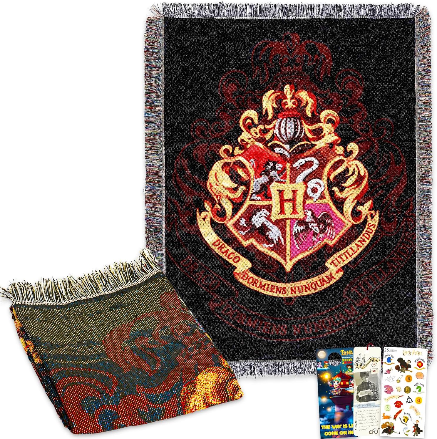 Hogwarts Woven Tapestry Throw Blanket Bundle - Throw, Bookmark, Stickers, and More | Harry Potter Blanket Size 48x60 Inches for Kids