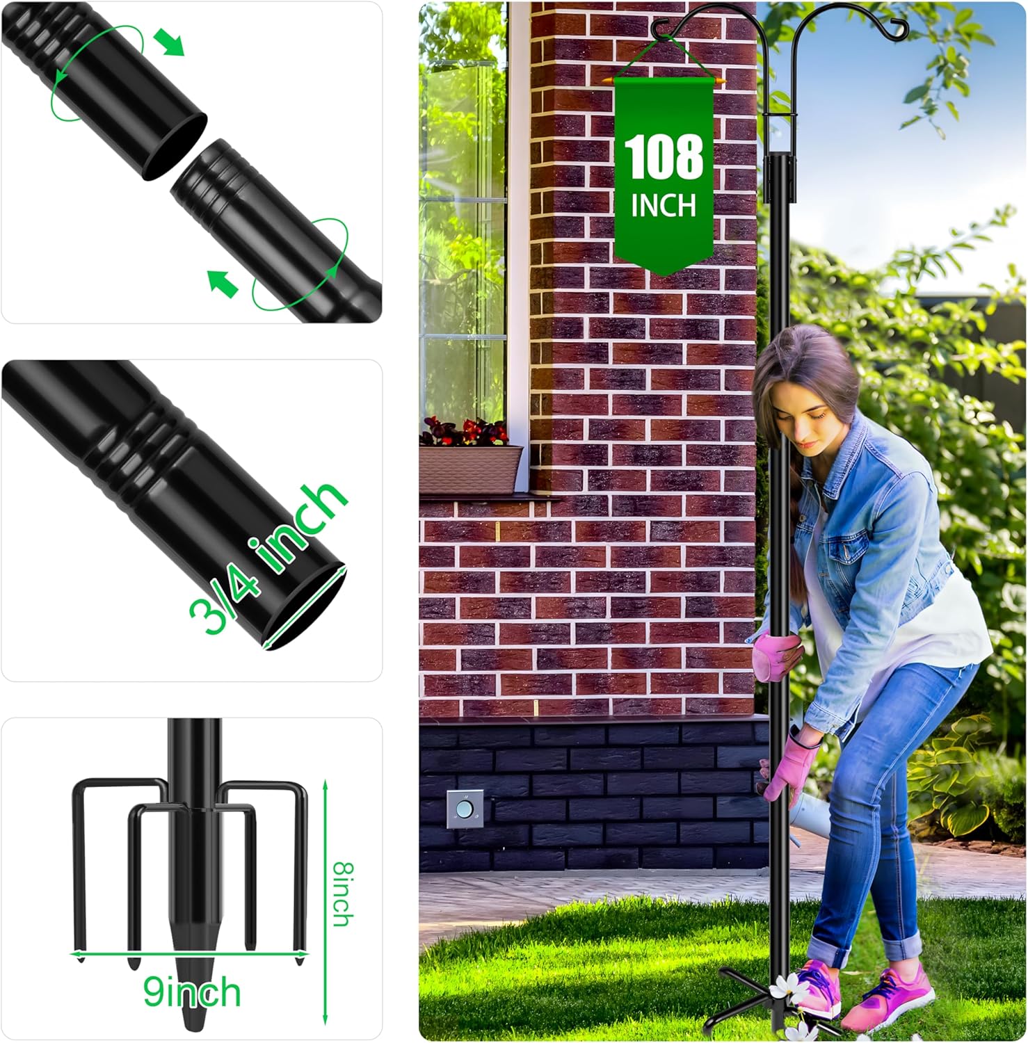XDW-GIFTS Double Shepherds Hooks for Outdoor, 2-Pack Heavy Duty Garden Pole for Hanging Bird Feeder, Plant Baskets, Solar Light Lanterns, Garden Plant Hanger Stands with 5 Base Prongs